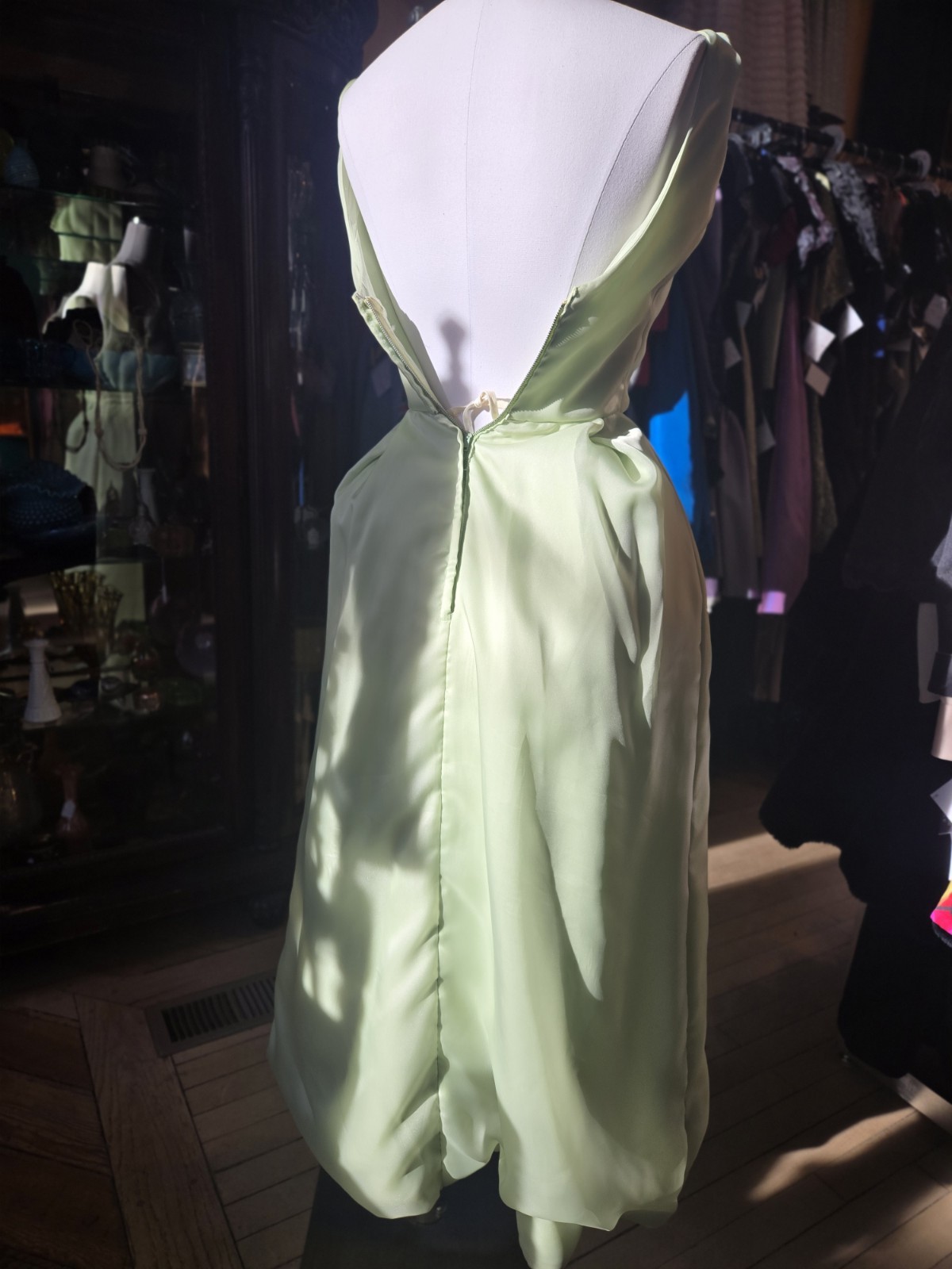 VTG 1960s Princess Pastel Green Organza Sleeveless Maxi Dress Floral Beaded