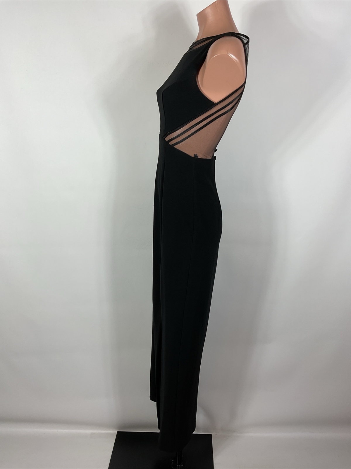 Vintage 90s y2k Black Illusion Caged Neck Backless Button Back Prom Dress 3/4