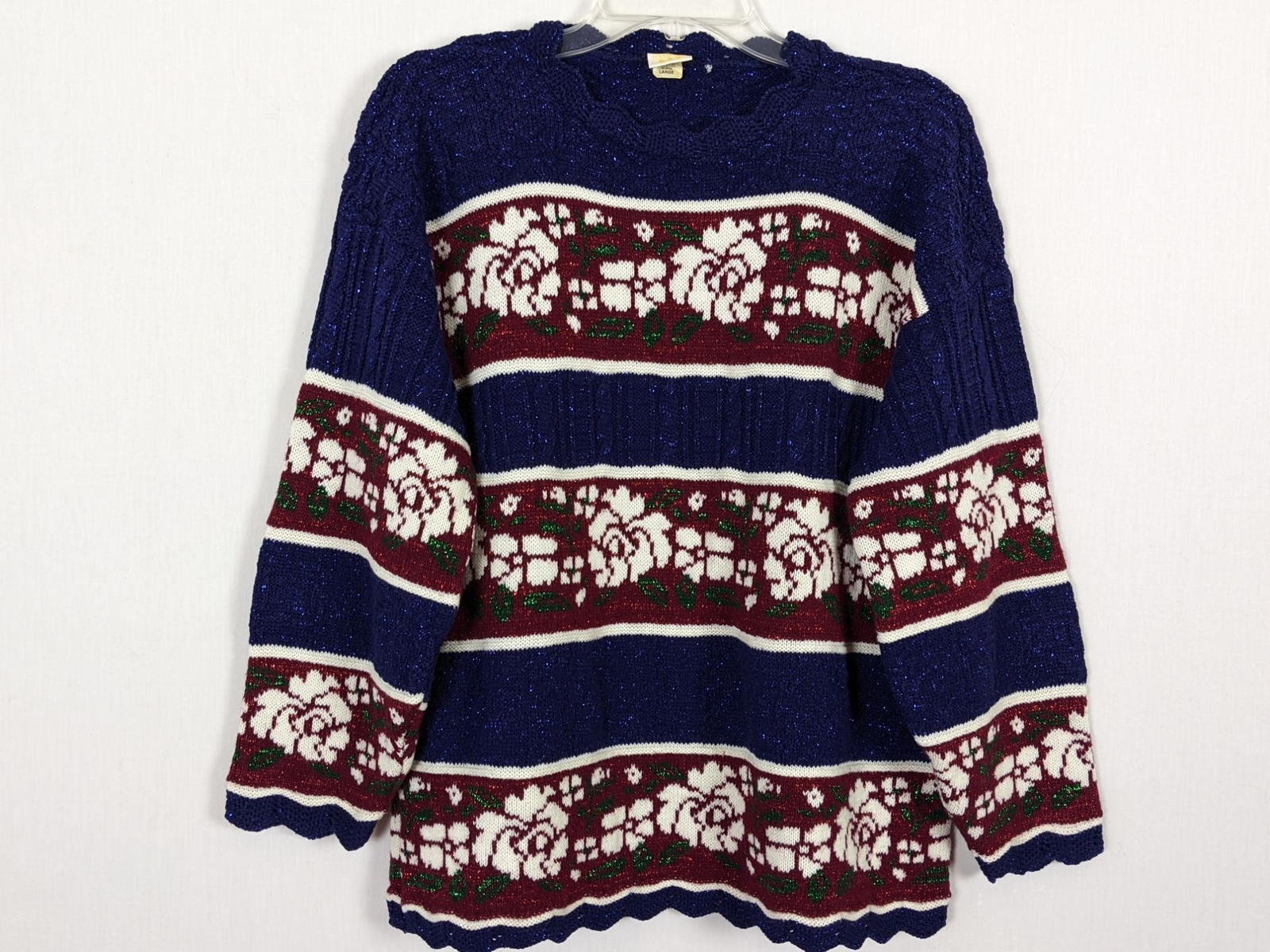 Vintage Holiday Time long sleeve floral striped glittery sweater sz L