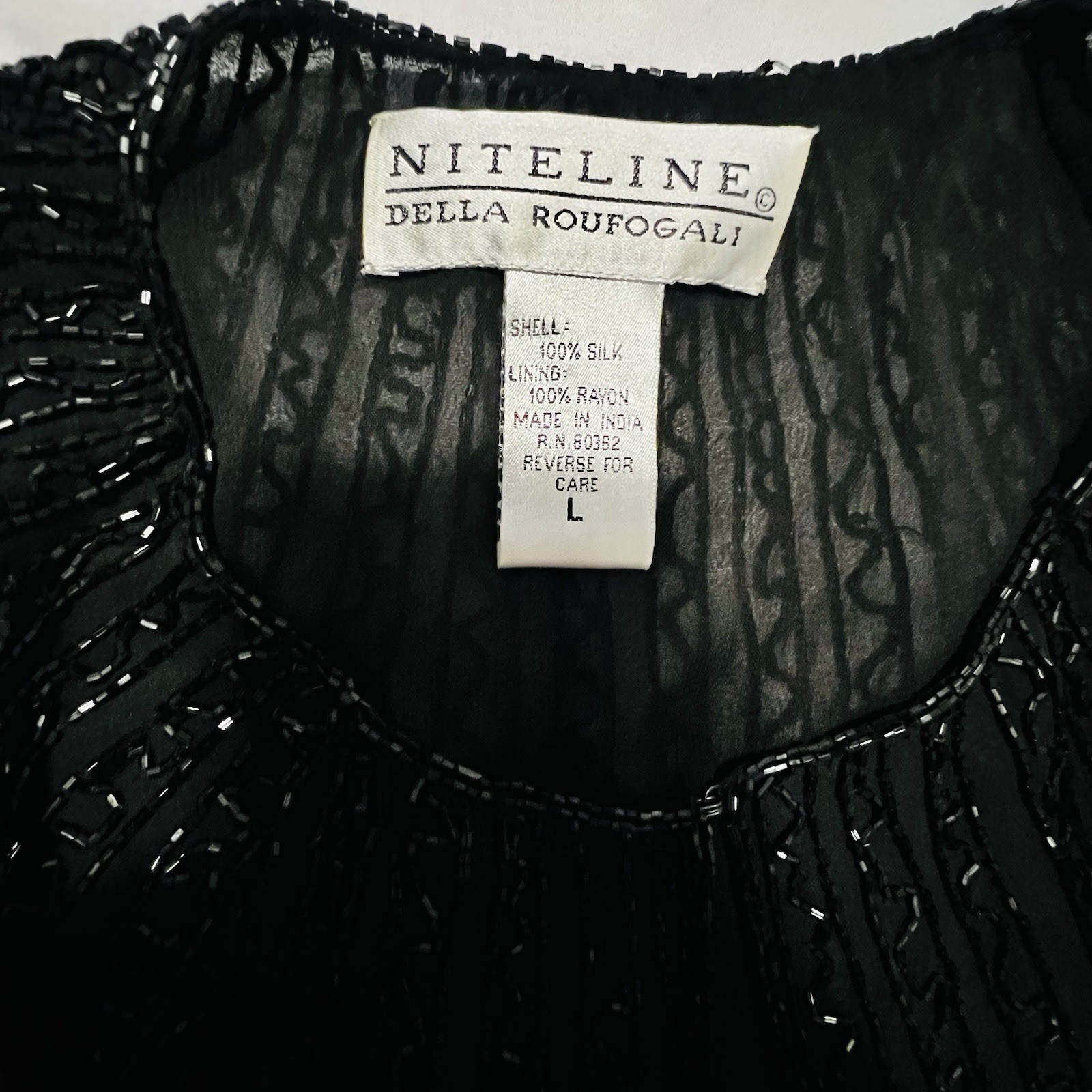 Vintage 80s NITELINE By Della Roufogali Black Sheer 100% Silk Beaded Jacket XL