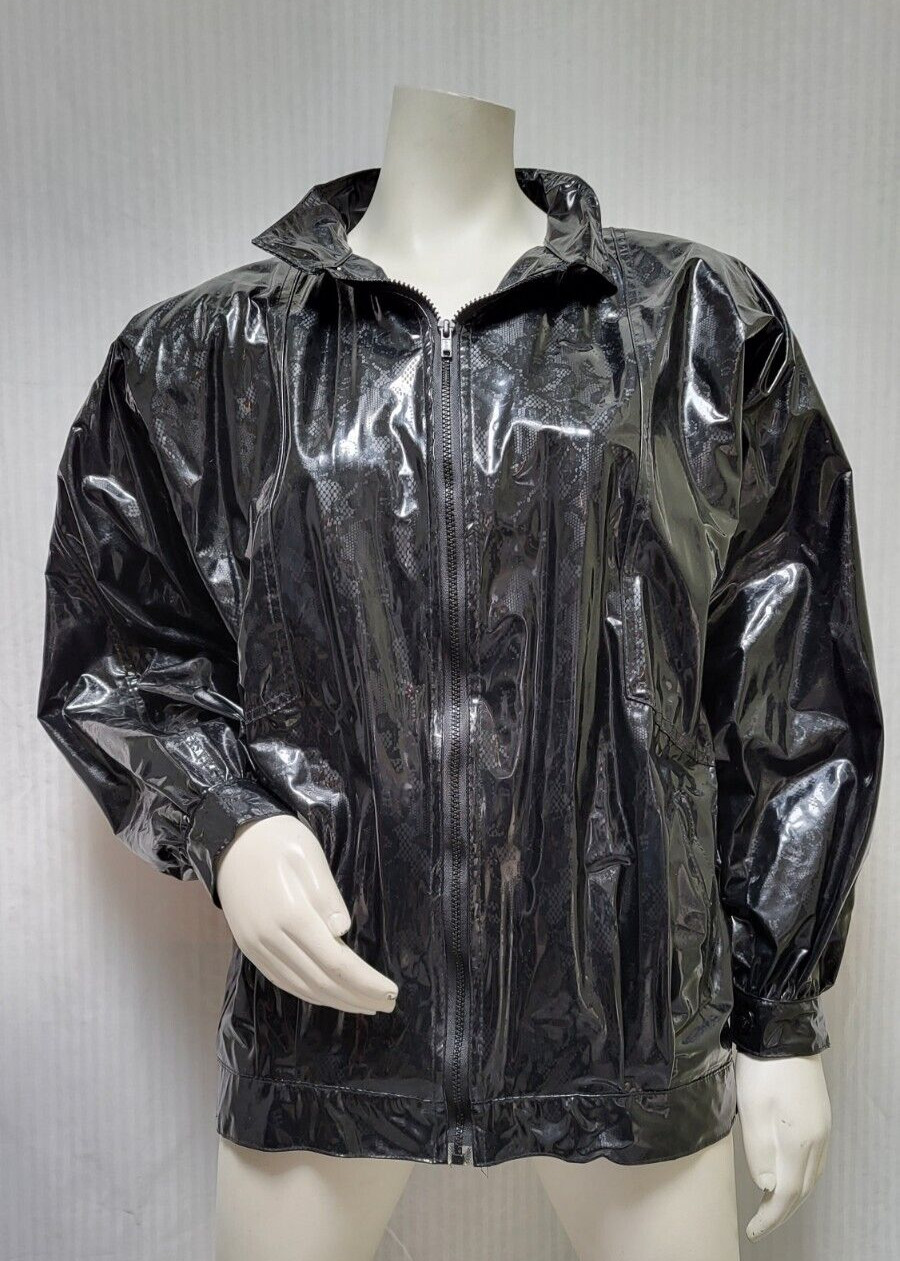 Vintage 1980s Kenn Sporn Wippette Black Shiny Vinyl Lace Print Raincoat Jacket