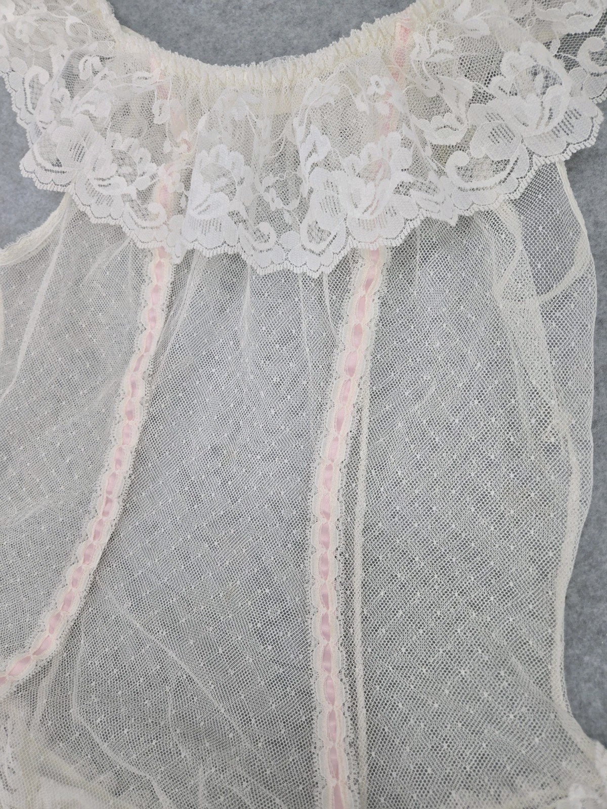 Vintage SHEER Lingerie BODYSUIT Panty FLORAL Lace Tank Top Soft Girl Bow S/M