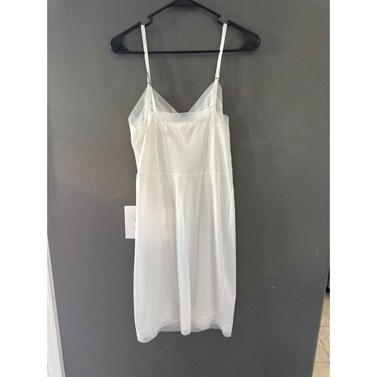 Vintage White Lace Trim Full Slip Dress Coquette Sheer Mesh V-Neck