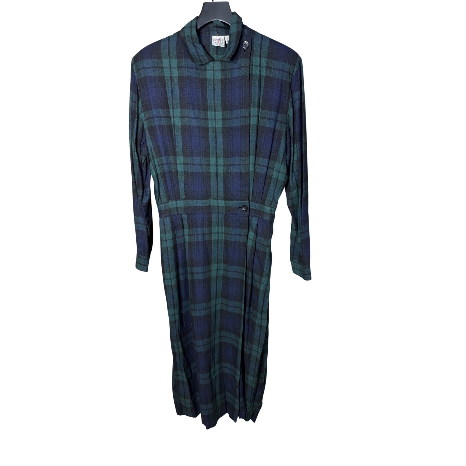 Vintage JG Hook Plaid Rayon Maxi Dress Green Navy Blue Size 16