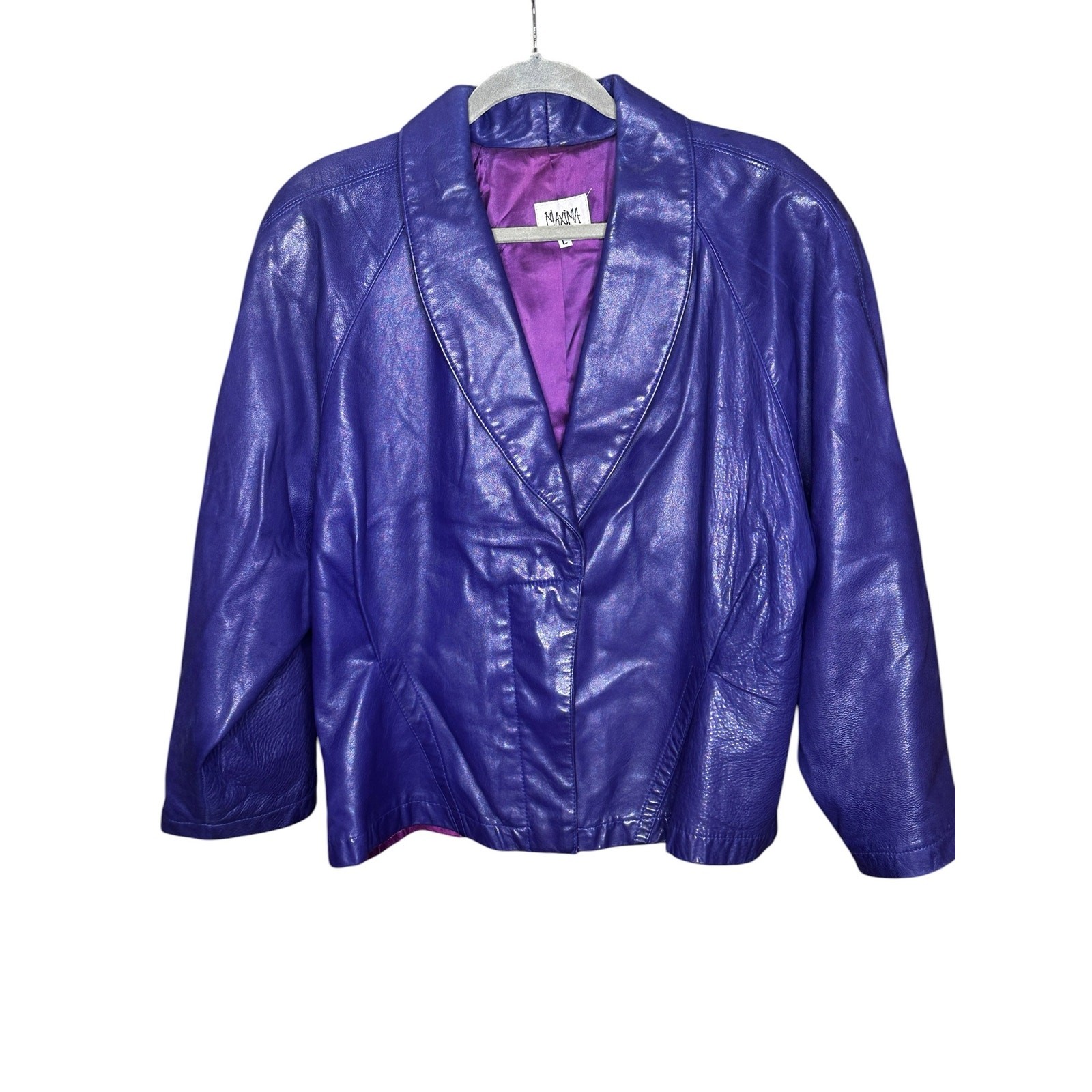 Vtg 80s Maxima Ultraviolet Purple Leather Jacket Statement Dolman Sleeve Coat L