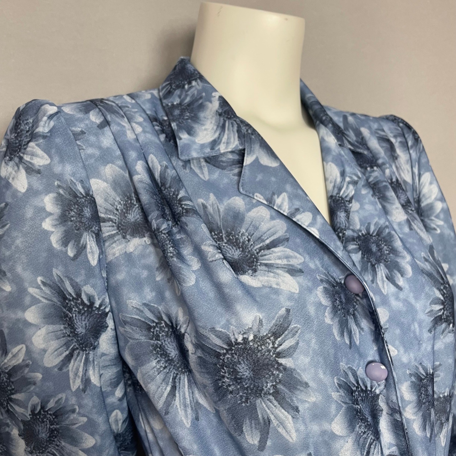 Vintage 80s Floral Dress Women Blue Belted Retro A-Line Belted Collared Eclectic