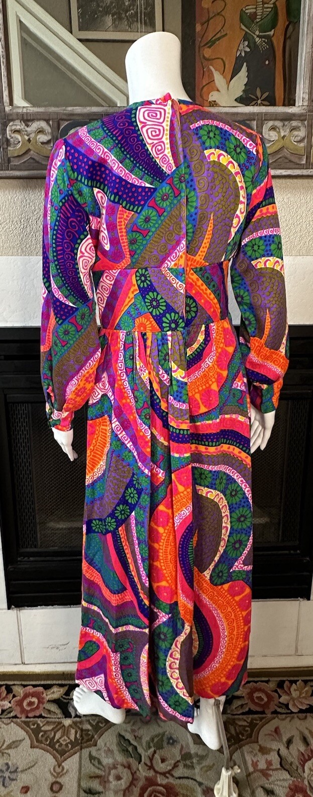 VTG 60’s Mod Hippie Maxi Dress Groovy Psychedelic Pattern Armpit-armpit 17” Sm
