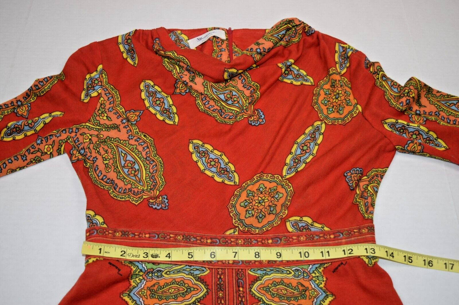 Vintage Maxi Dress Maurice Siz S/M 60s Rusty Orange Kaleidoscopic Print Back Zip