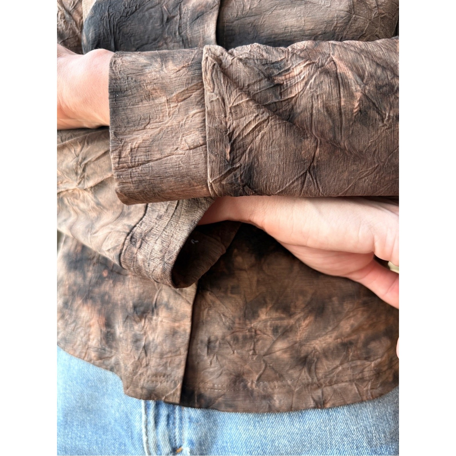 Vintage 90s Tie Dye Button Up Top | Brown Abstract Blouse | Y2K Grunge Fairy | S