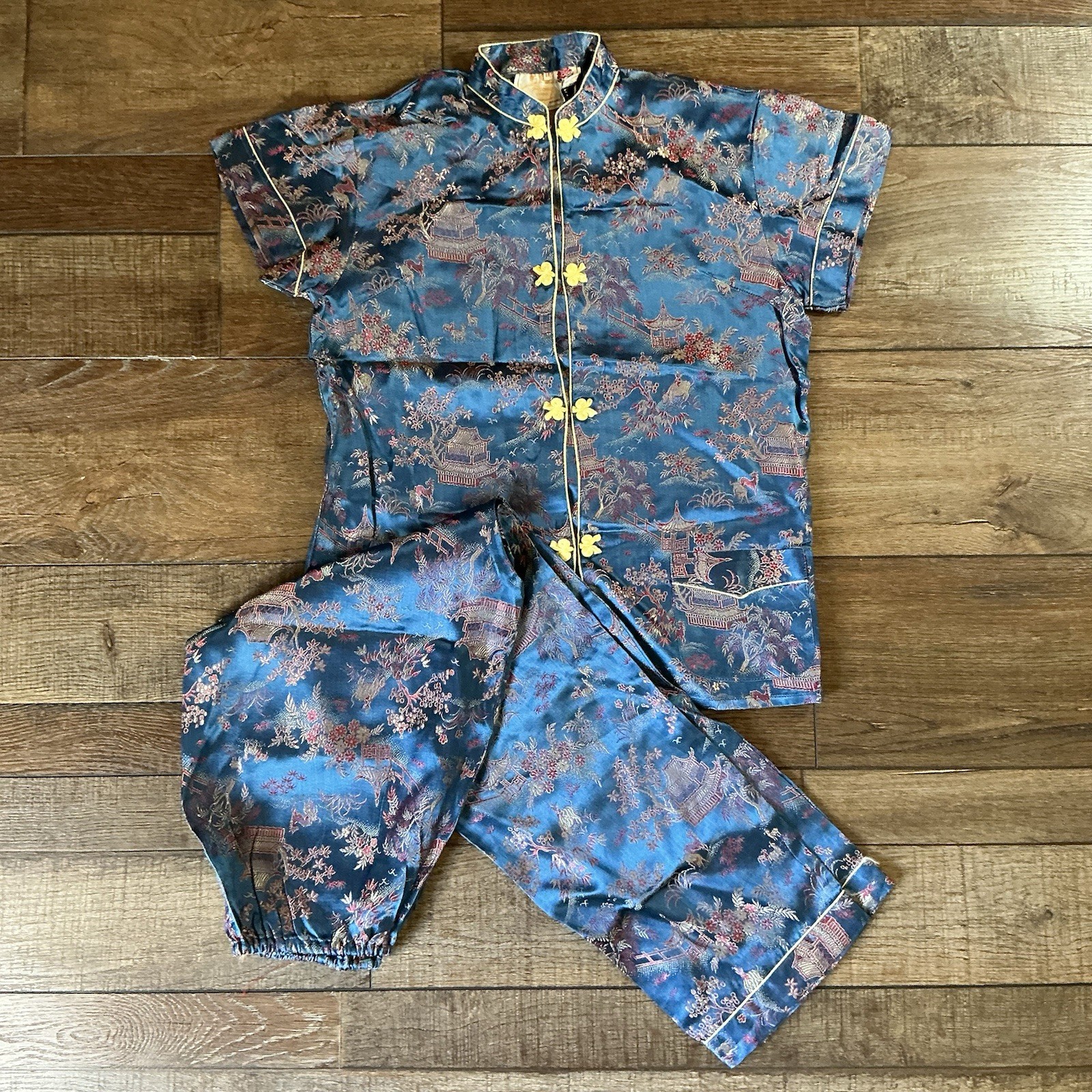 VINTAGE Size 14 Peony Chinese Pajama Set Frog Button Brocade Satin Lounge #61708