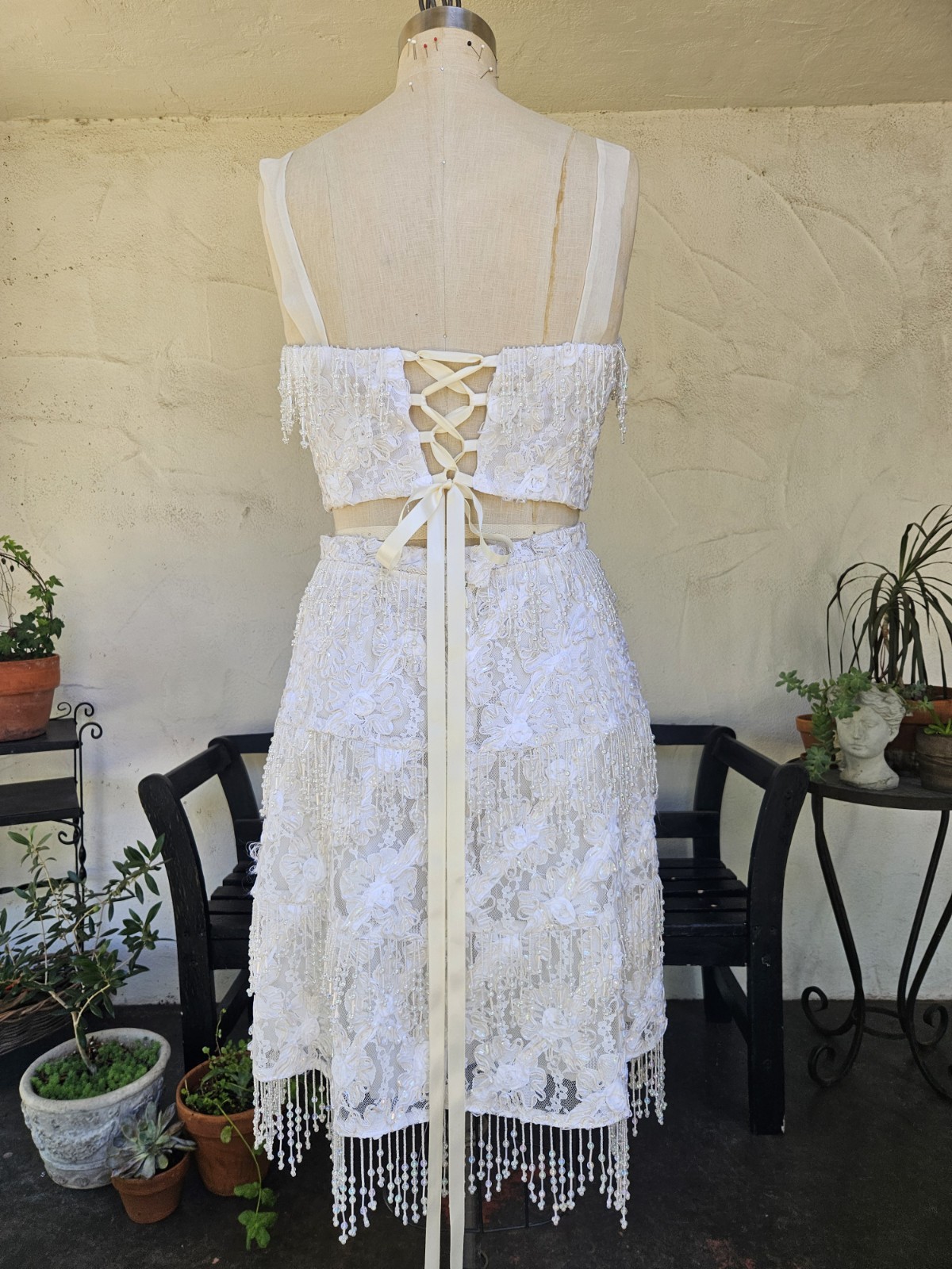 Vintage 1980s 2 Pic Wedding Dress Beaded Fringe Lace Bridal Bustier And Skirt L