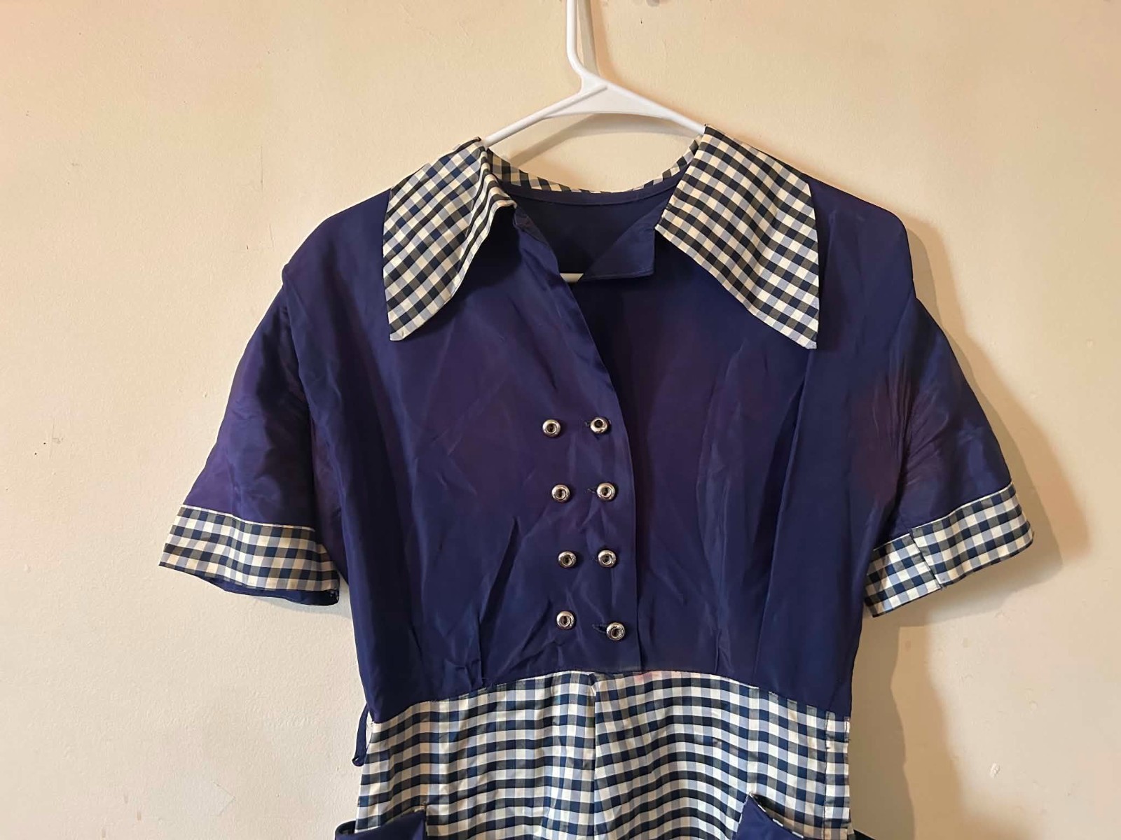 VTG 1950s Pin Up Rockabilly Handmade Navy Blue Gingham Satin Metal Buttons Small