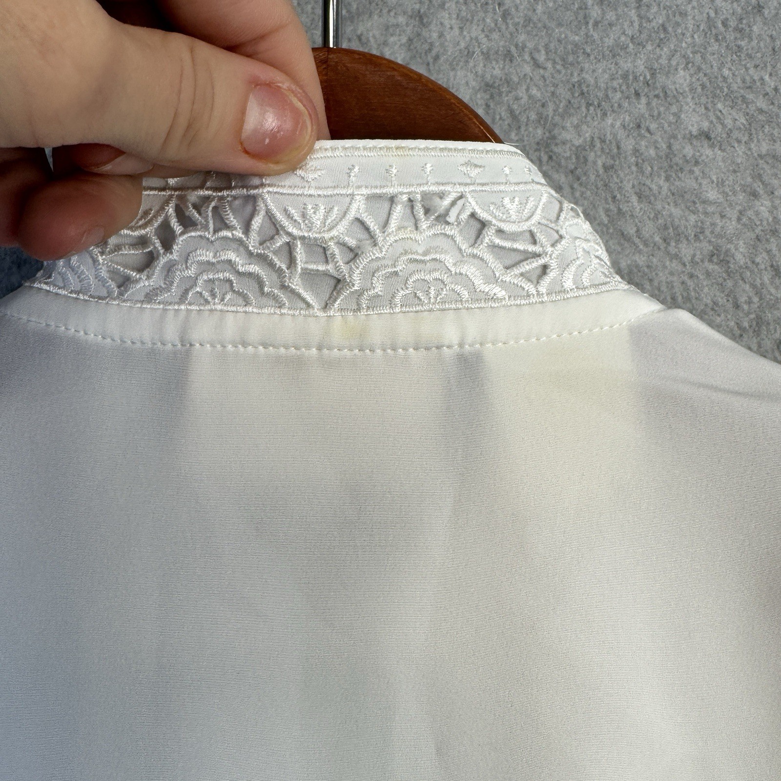 VTG 80s 90s Christie & Jill Petite 6P White Blouse Lace Appliqué High Collar L/S