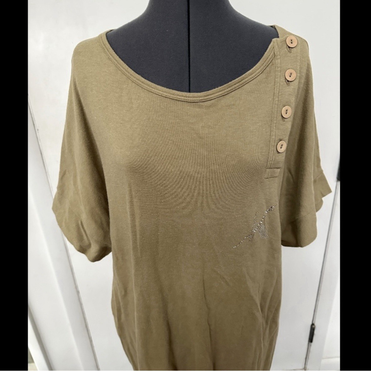 VINTAGE 1980s KRIZIA MAGLIA TAN BROWN TSHIRT JERSEY KNIT DRESS RHINESTONE LOGO L