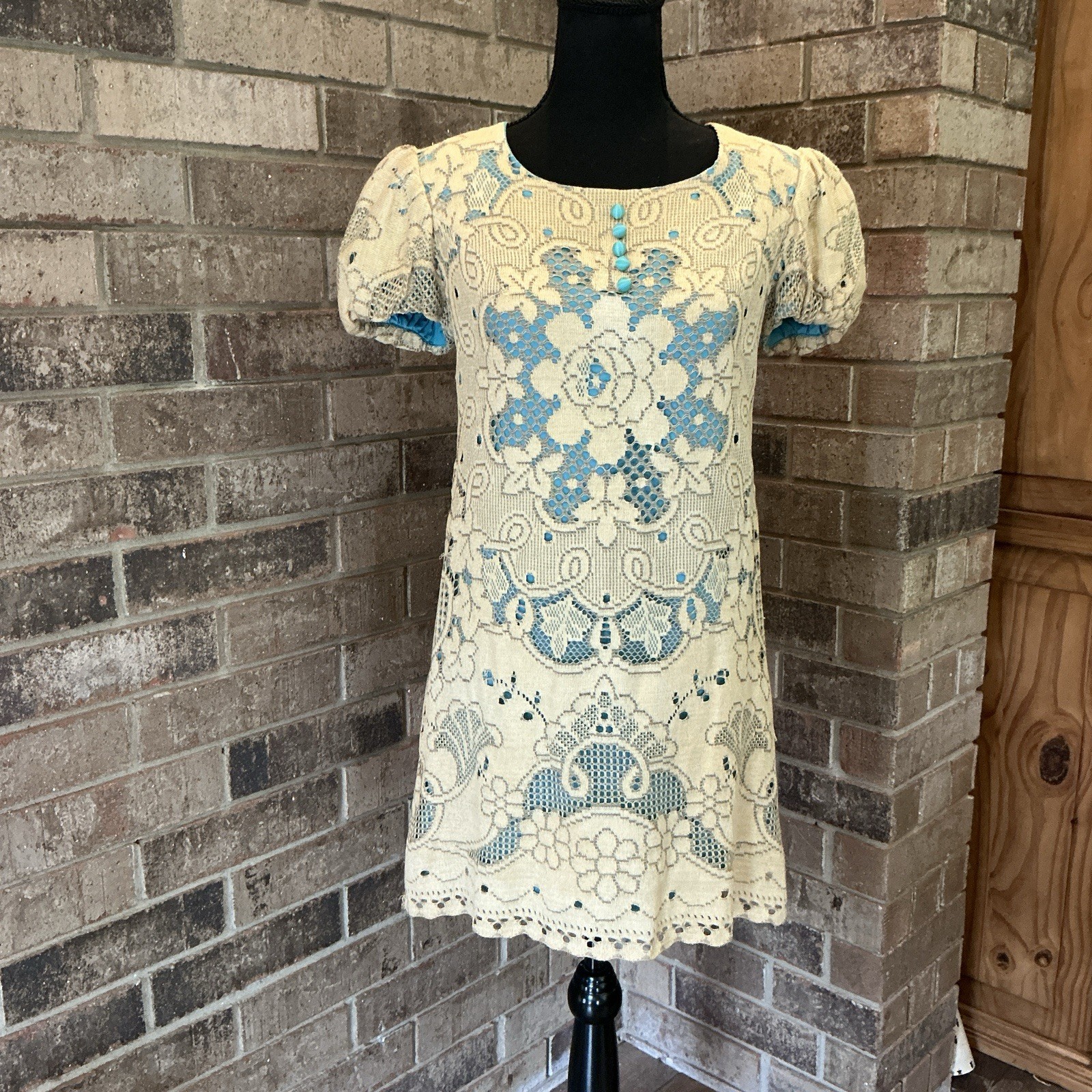 60s VINTAGE Lisa Ross California Lace Shift Dress Turquoise Lined Size 7 #10E3