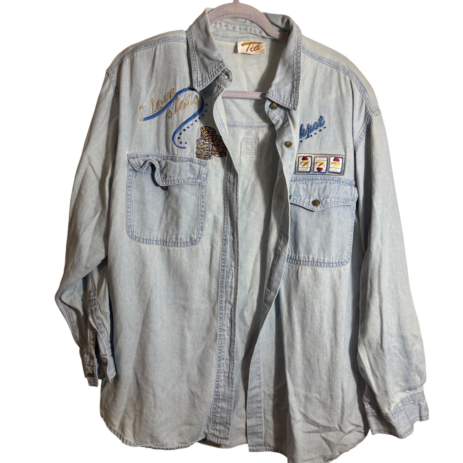 Vintage Tia Designs 'Jackpot’ Slot Machine Embroidered Denim Button Down Size L