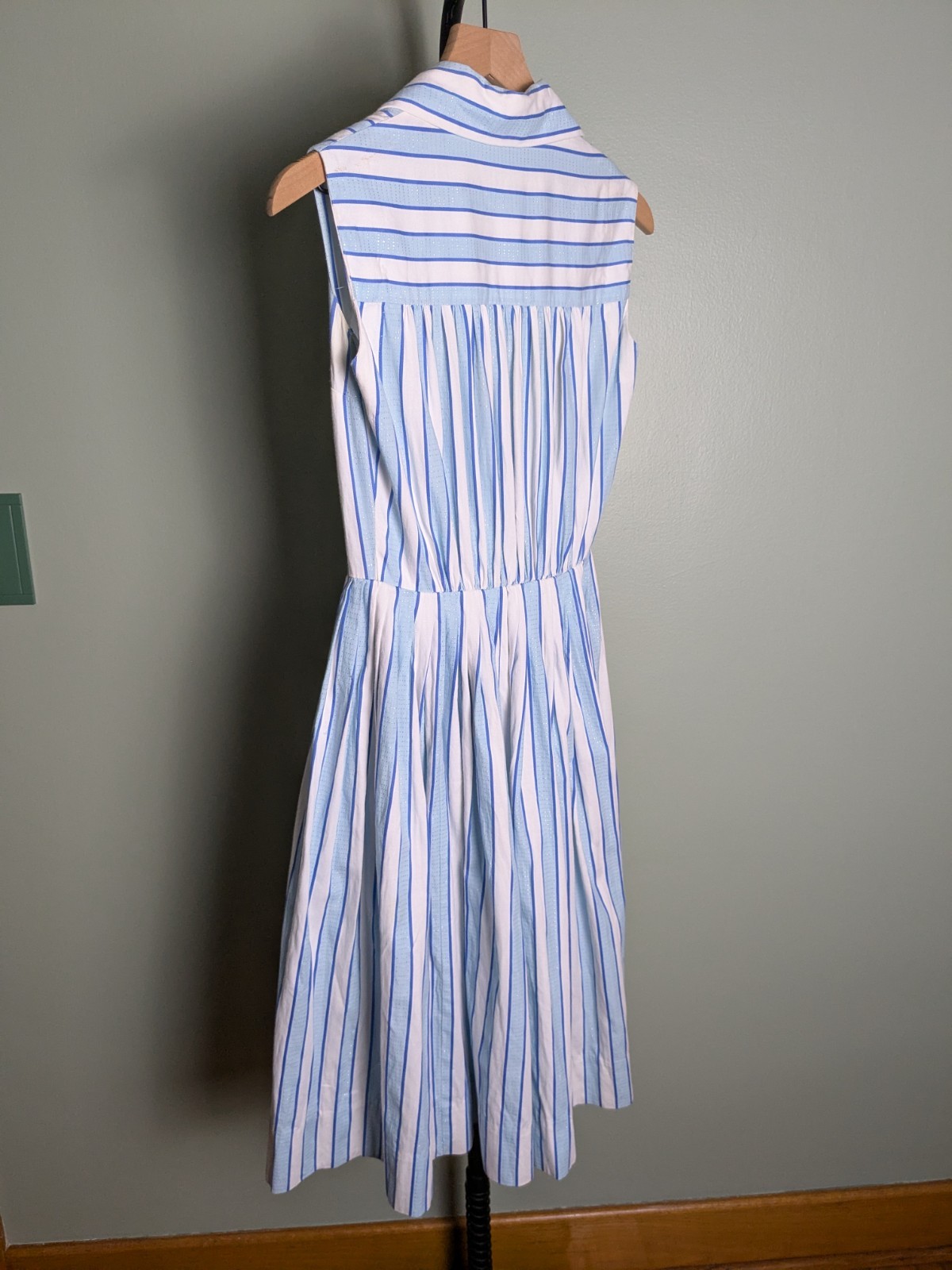 True Vintage Fit Flare Pastel Blue White Striped Shirtwaist Dress