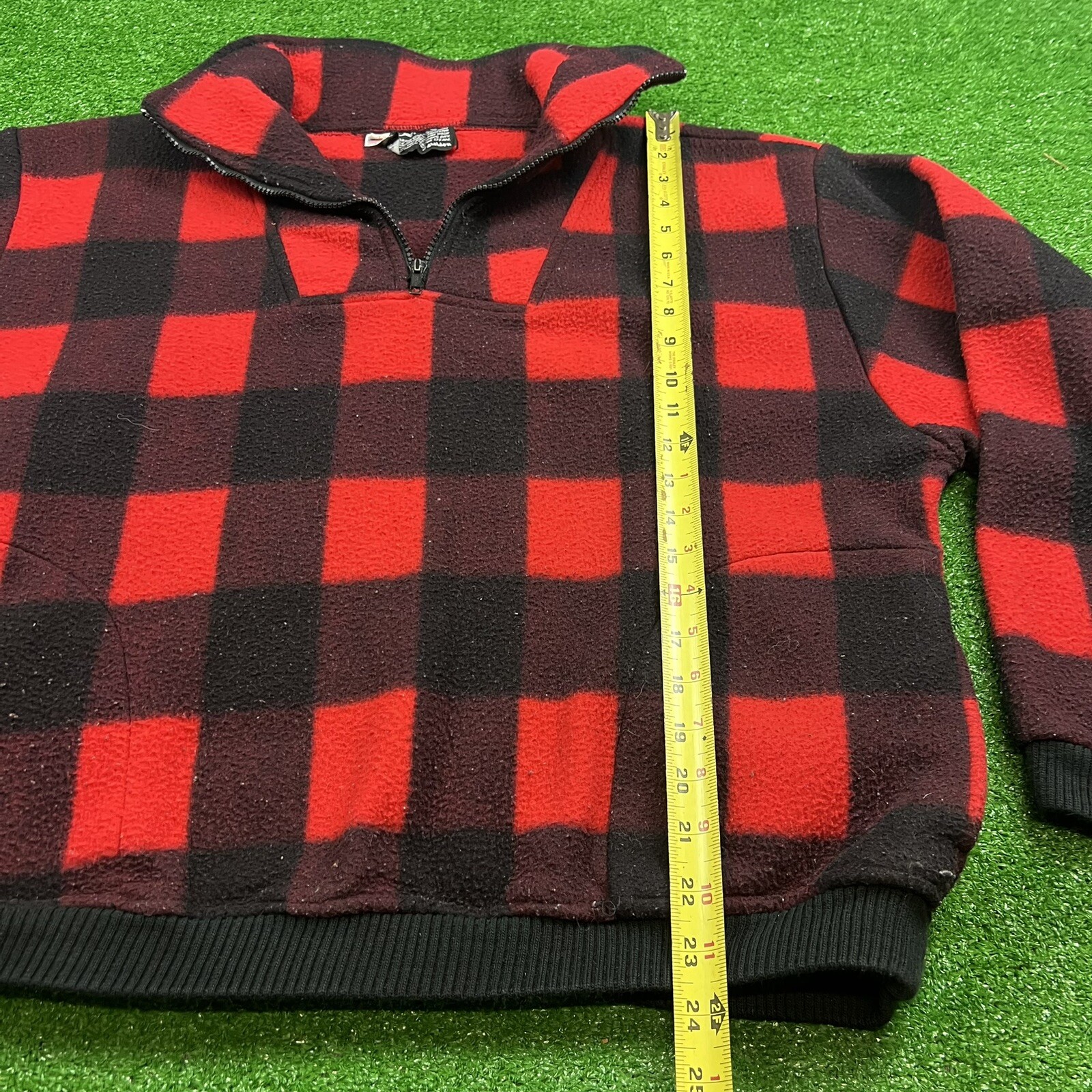 Vtg Women’s XL Buffalo Plaid Red Black Polar Fleece 1/4 Zip Pullover Jacket USA!