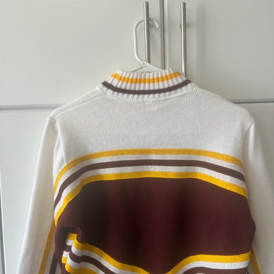 Vintage Hatchers Mfg RHS Cheerleader Sweater Maroon Gold White Stripe Large USA