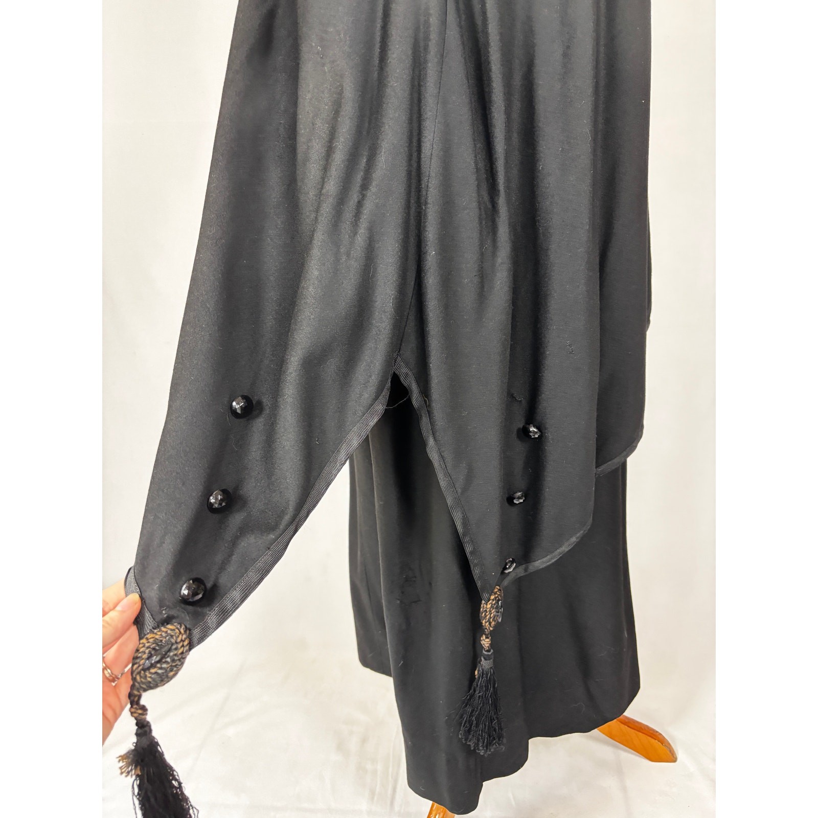 Antique Edwardian Black Wool Mourning Walking Skirt Jet Beads Tassels Tiered