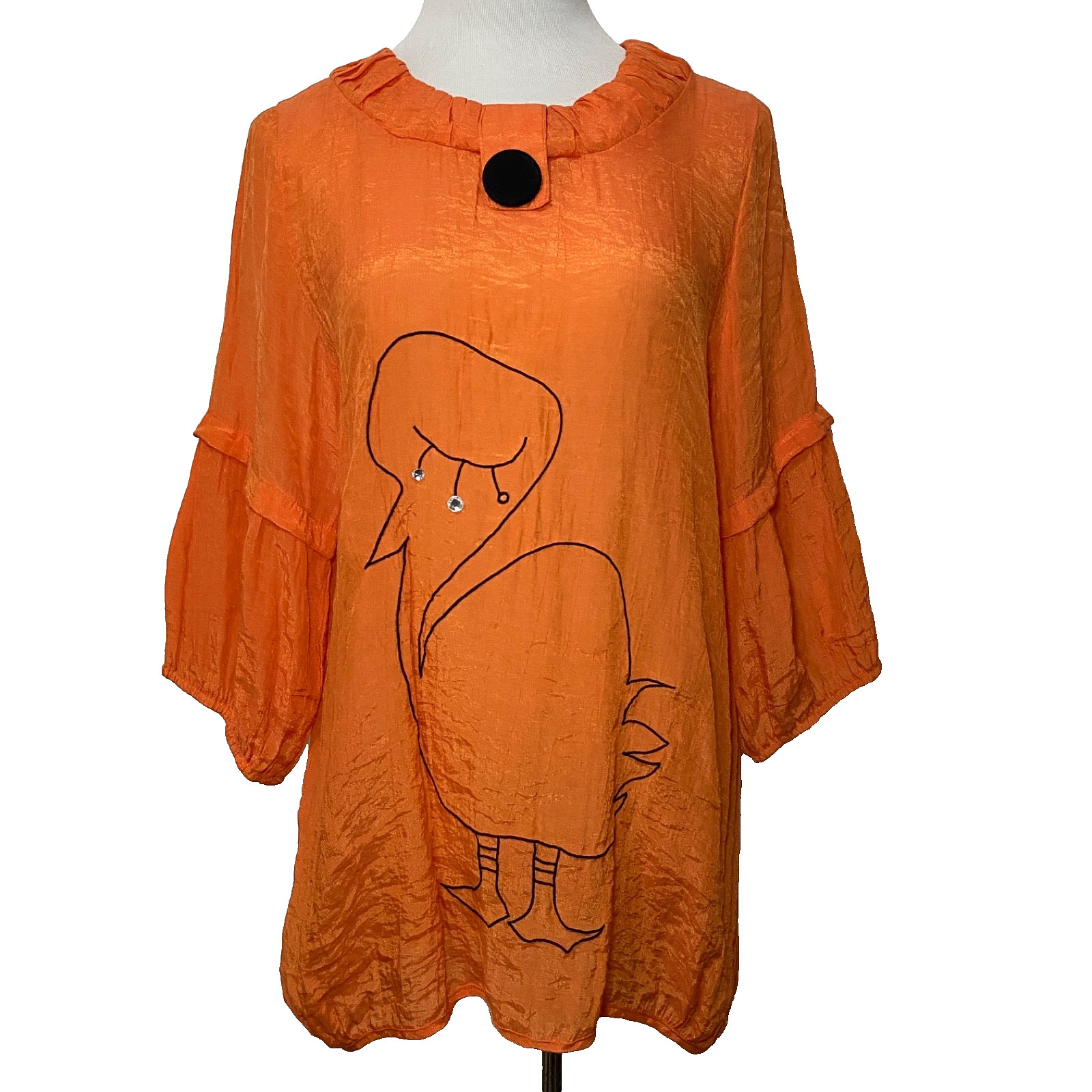 Vtg Artsy Blouse Large Orange Top Whimsical Bird Crystals Gauzy Rayon Korean m