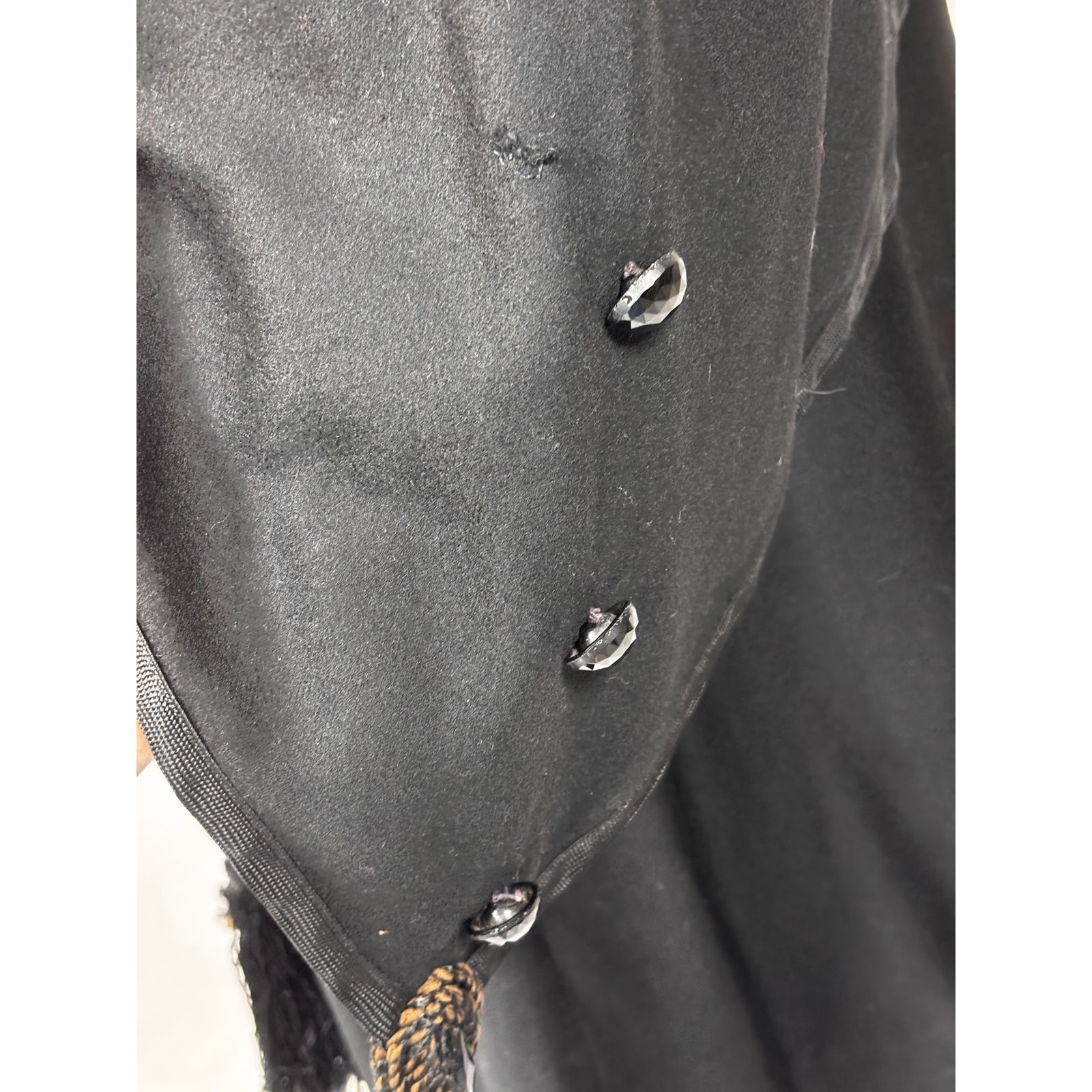 Antique Edwardian Black Wool Mourning Walking Skirt Jet Beads Tassels Tiered
