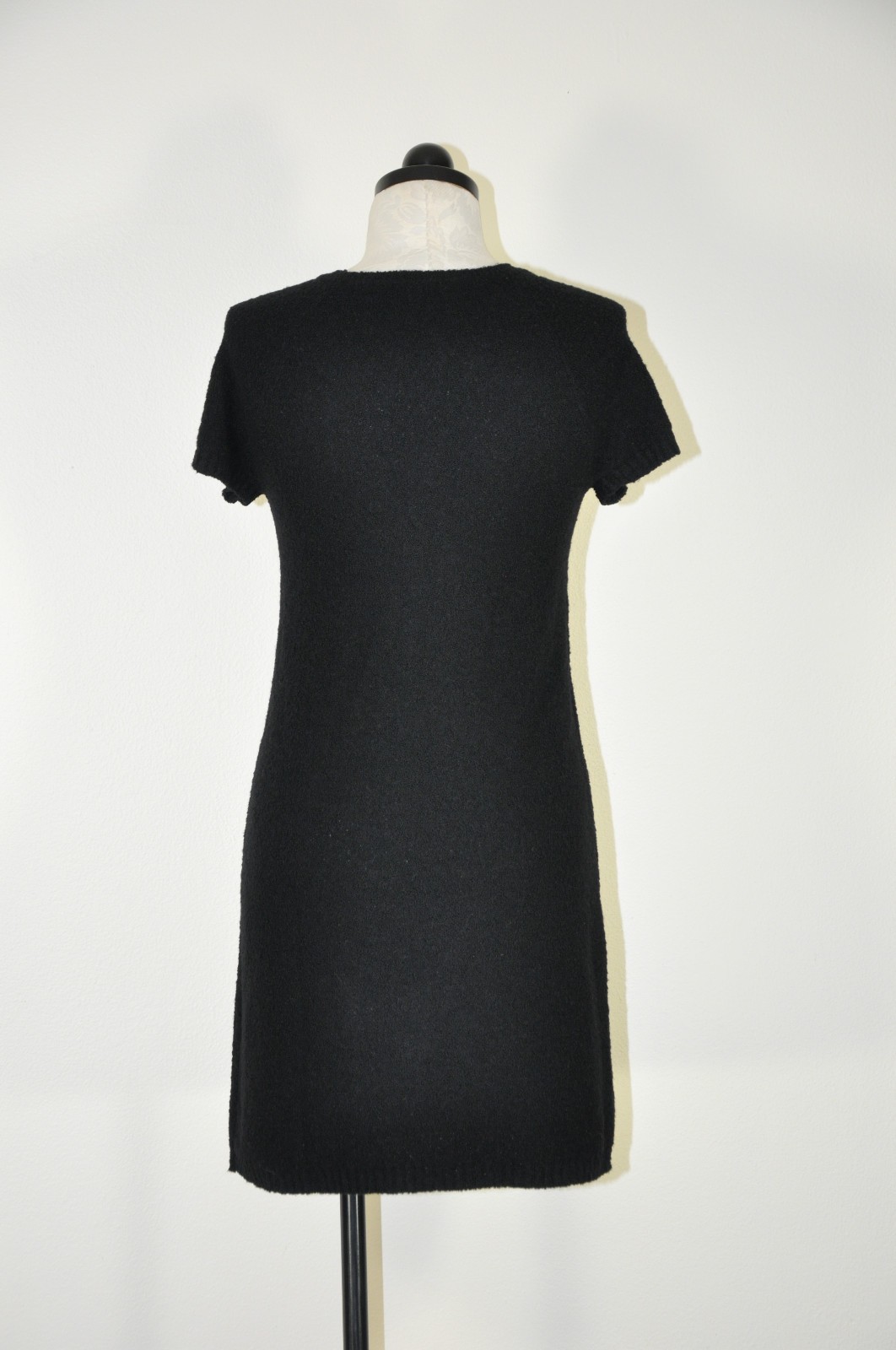 90s Vintage DKNY Black Wool Mohair Short Sleeve Knit Sweater Mini Dress Women S