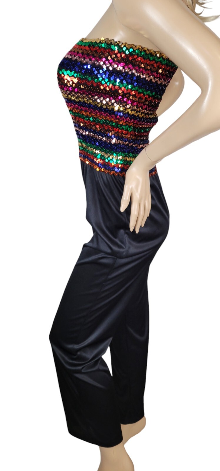 Vintage 70s JC Penney Fashions Rainbow Sequin Disco Halter Jumper Jumpsuit 13/14