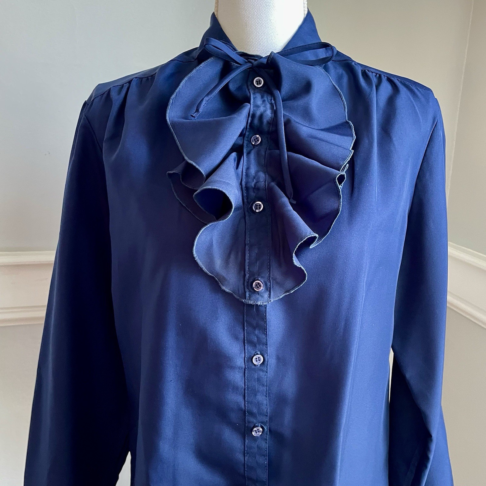 Vtg 60s Ship ’n Shore Navy Blouse Size 16 Detachable Ruffle Bow Tie Button Up