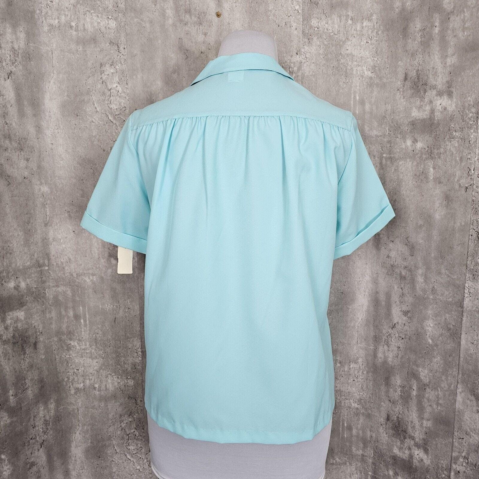 Vintage 70s 80s Its Gailord Womens 16 Turquoise Blue Textured Poly Blouse Top