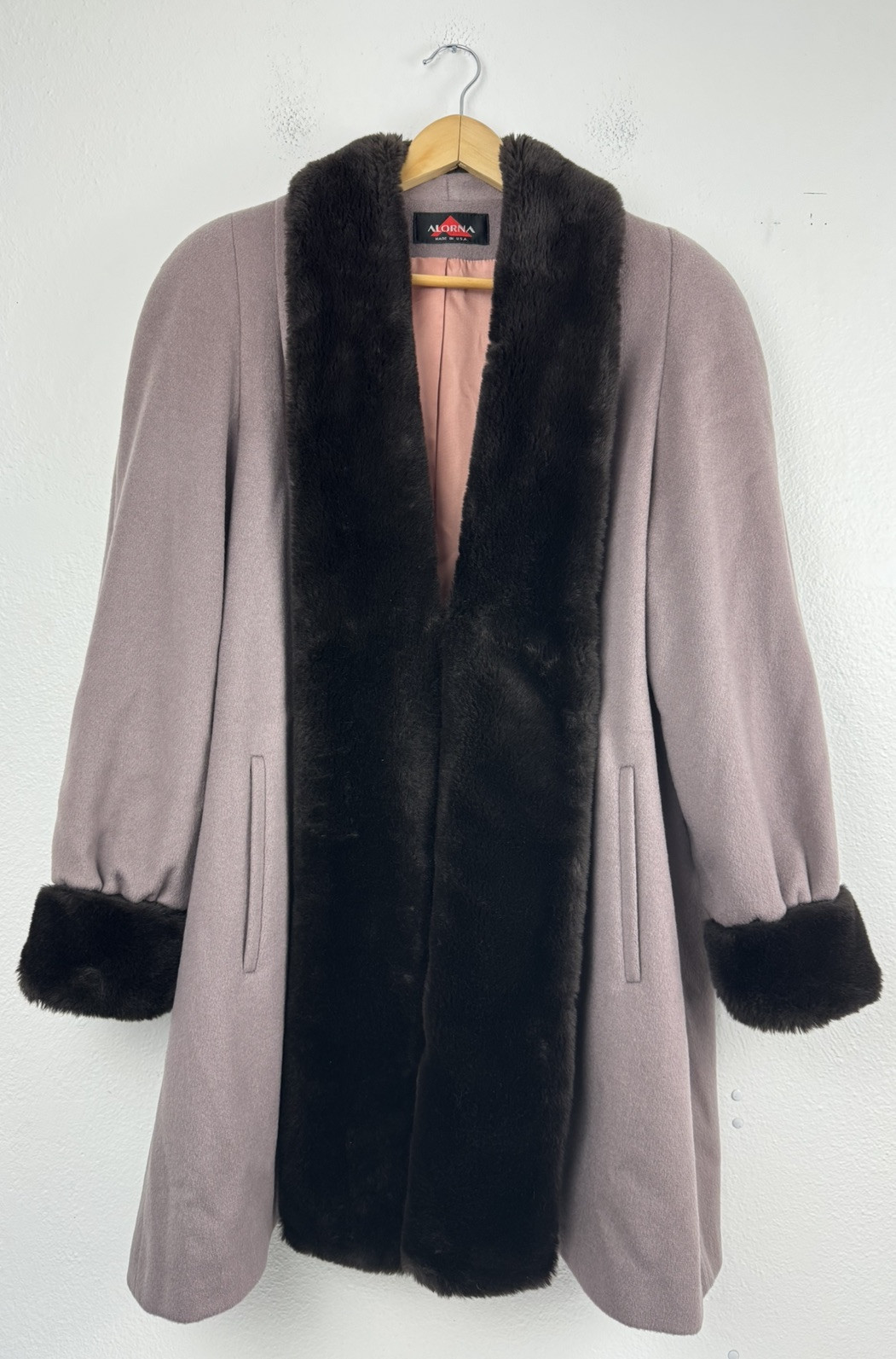 Vintage 80s Women’s Coat Overcoat Wool Blend Faux Fur Trim Union Made In USA