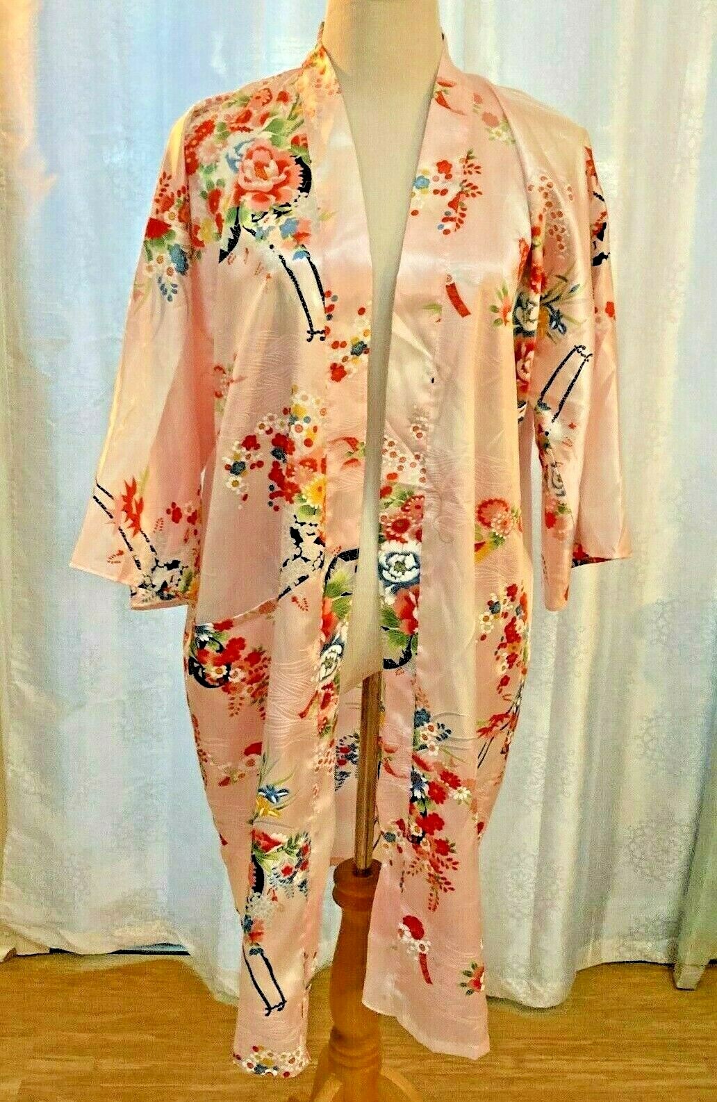 Vintage New Ichiban Japan Gown Kimono Robe Pink Floral Asian Oriental Size 42