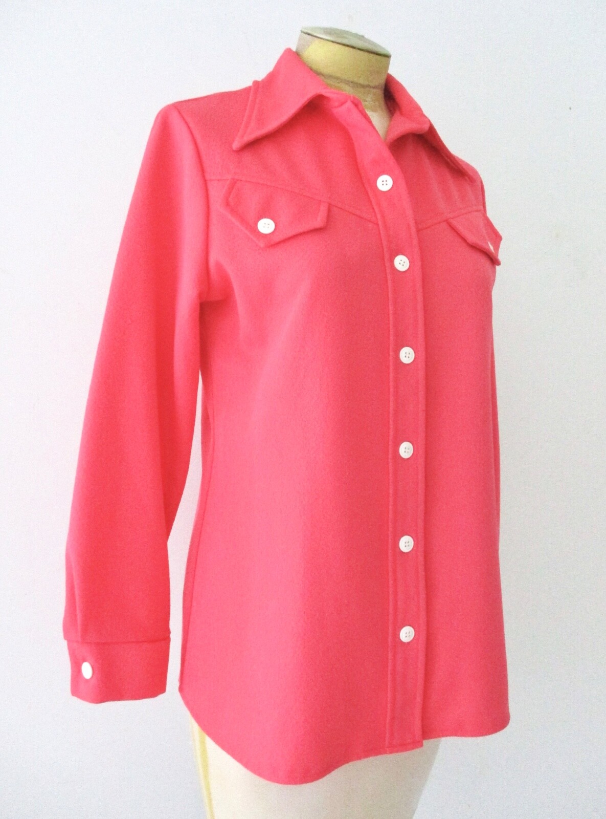Vtg 70s Pink Textured Poly Knit Button Blouse Leisure Western Secretary Top M/L