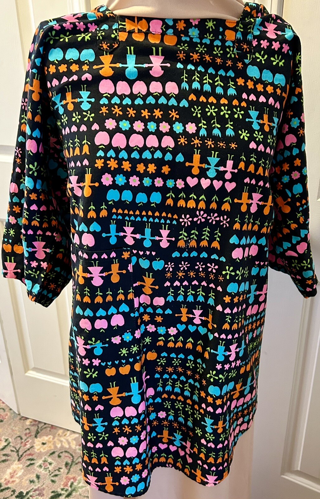 Vintage DESIGN HOUSE Japan Black Pink Apron Smock Top Apple Hearts Tie Kappogi