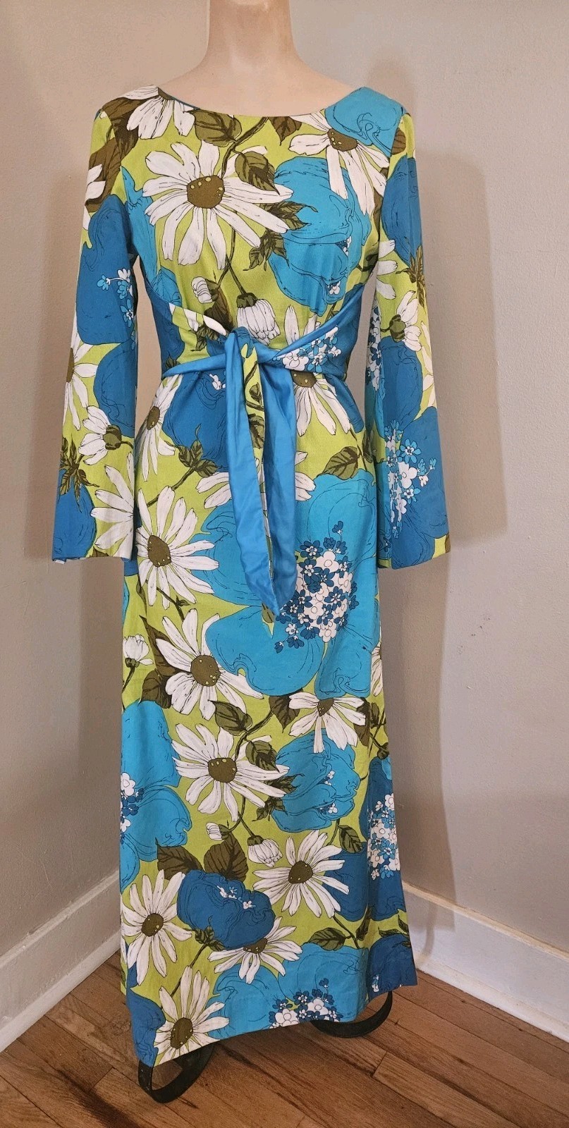 Vtg Alice Polynesian Hawaiian Hostess Dress Barkcloth Flower Power Daisy Blue