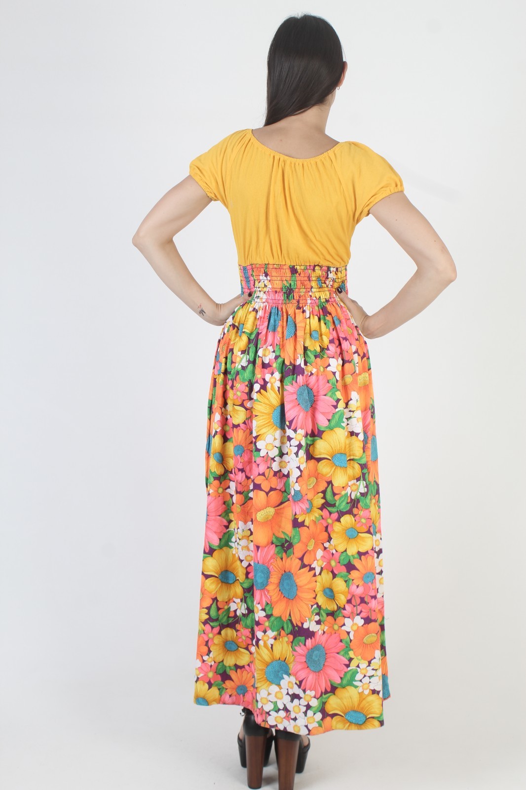Vtg Tropical Print Dress Hawaiian Smocked High Waist Floral Tiki Luau Sundress