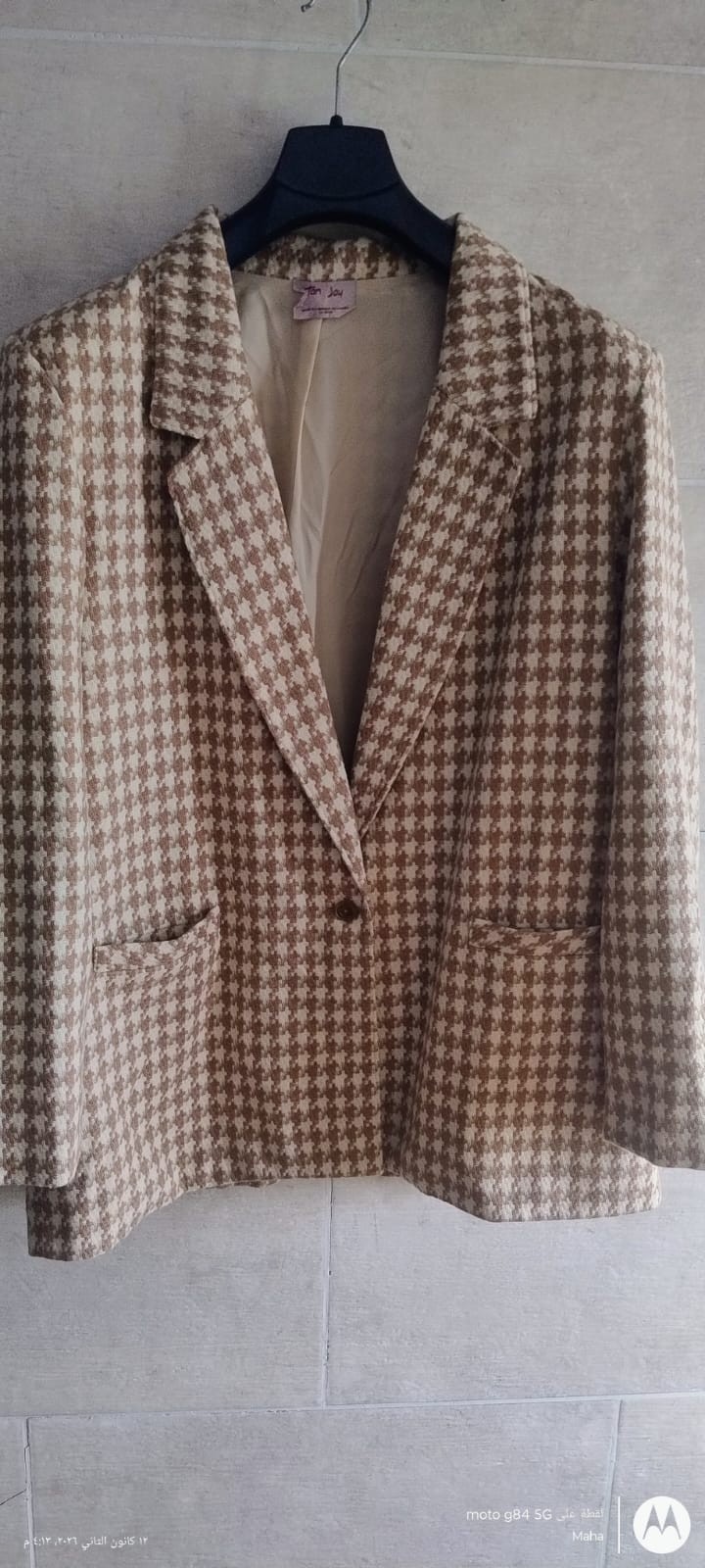 Vintage Tan Jay Women’s Brown and Beige Houndstooth Tweed Blazer size UK 18