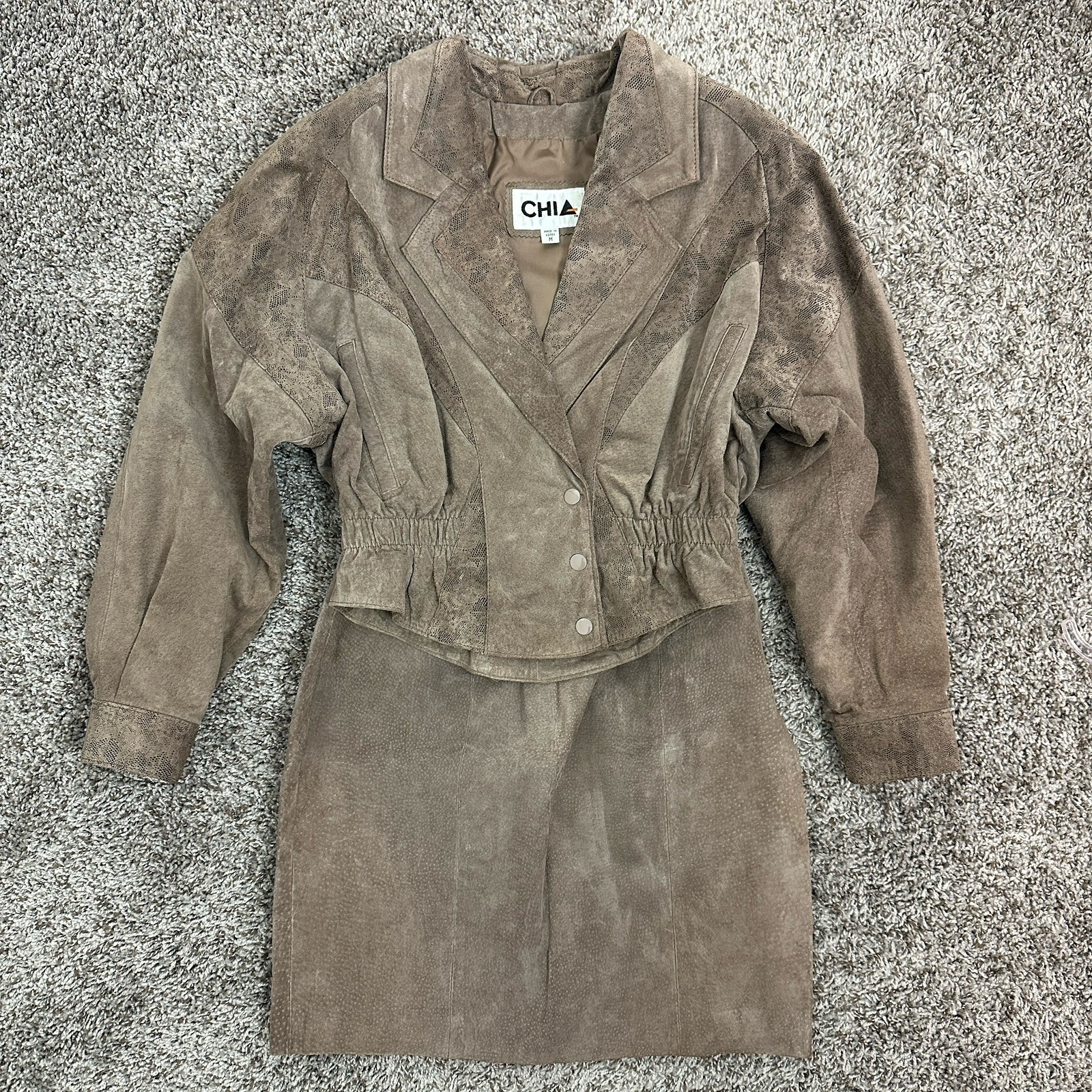 Vintage 80s Chia Brown Suede Leather Jacket And Skirt 2 Piece Set Med & 10