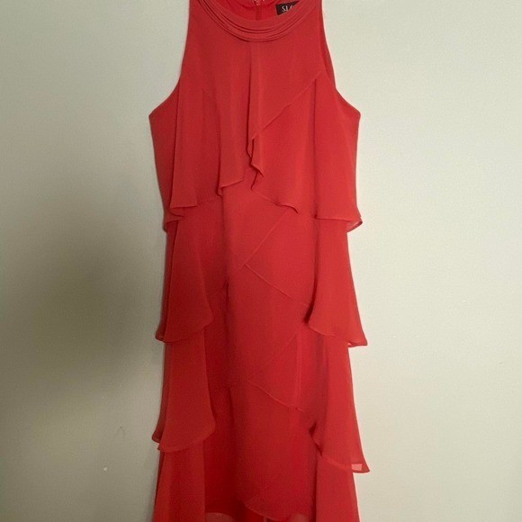 Vintage 90s Flamingo Pink Ruffle Tulip Layer Dress Rhinestone Strap Wedding Prom