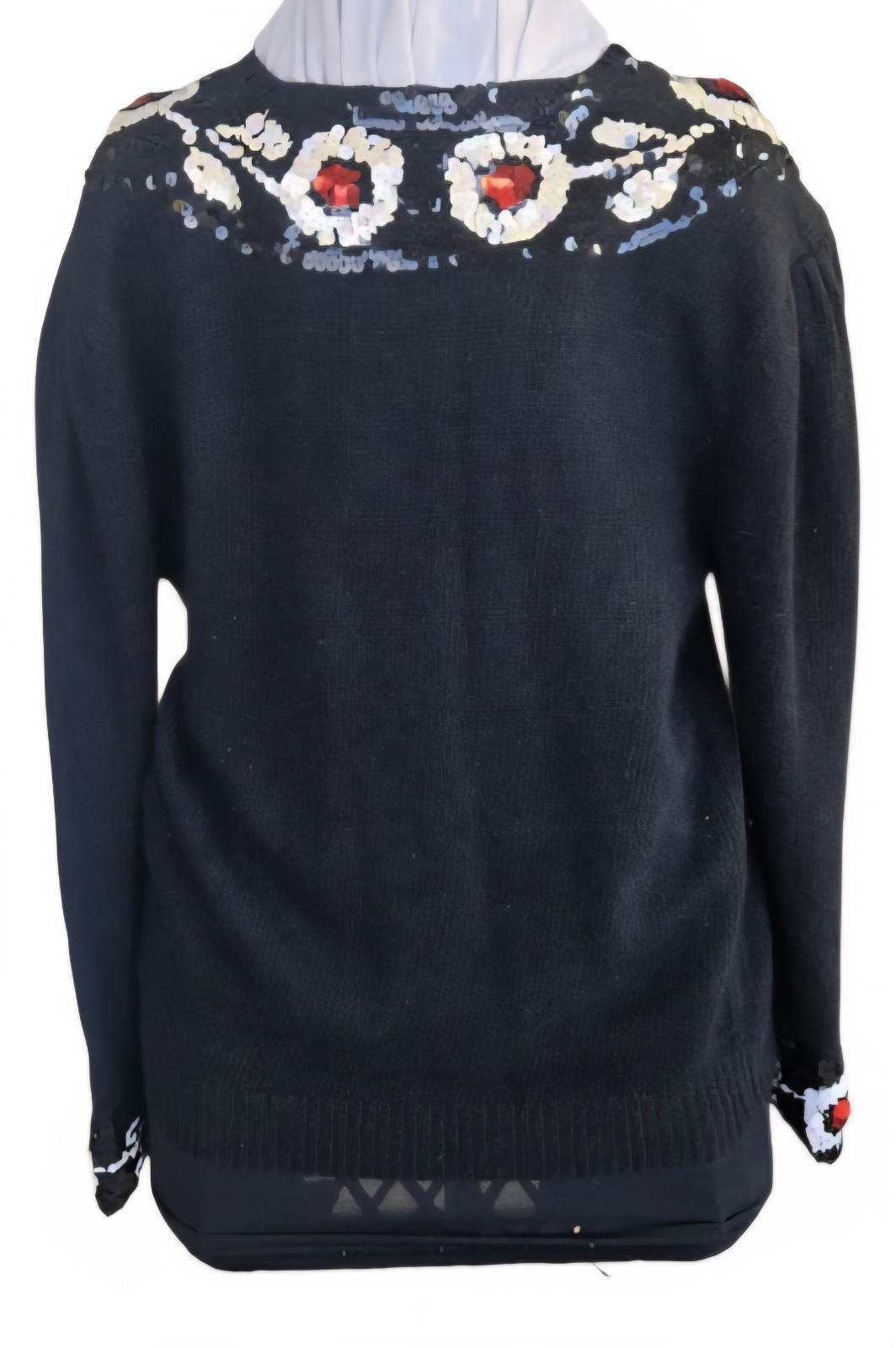1980s LE CHOIS Black Sweater With Black Silver & Red Rose Sequins Sz Medium