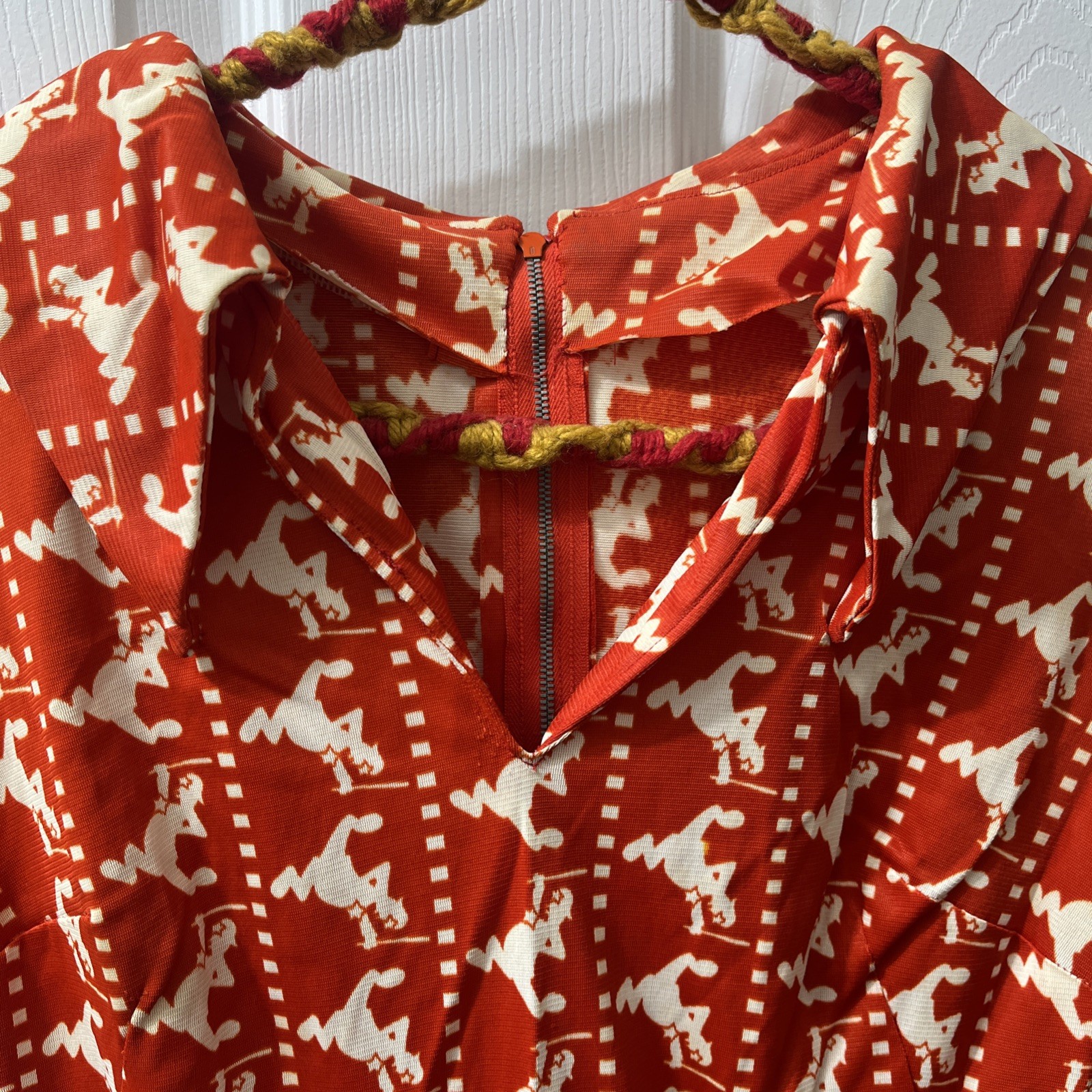 Vintage 1970s Police Novelty Print Dress Orange/Red White Cop Bobby Double Knit