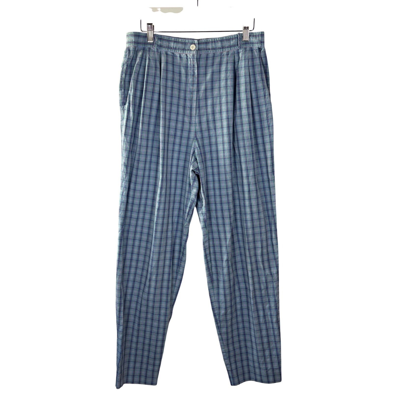 David Brooks Vintage Plaid Pleated Pants Blue Green High Waist Tapered Size 12