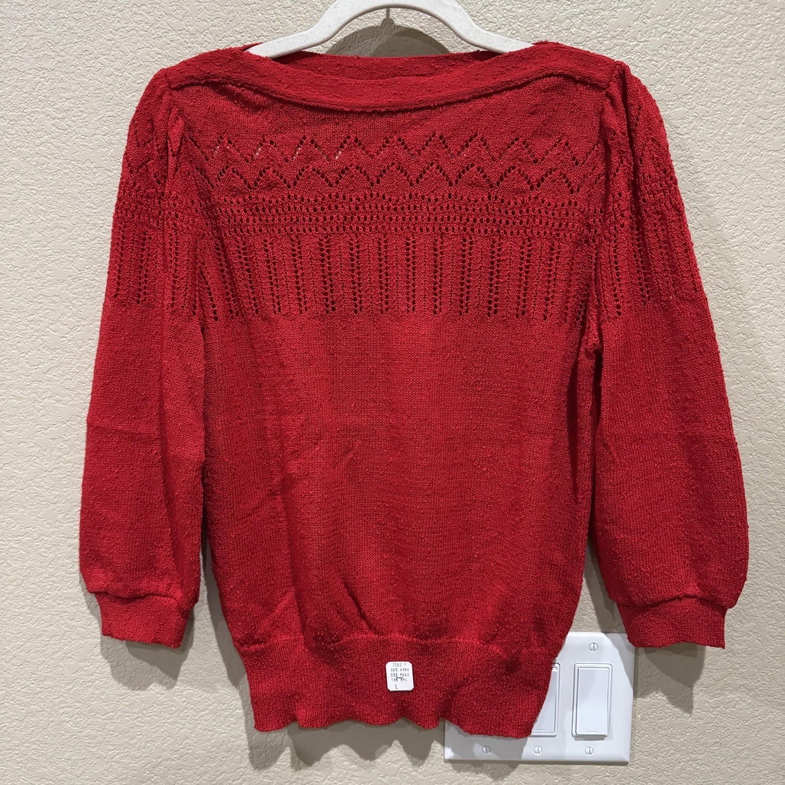 Vintage Panther Red Knit Sweater L Union Made USA Sheer Bubble Sleeve Boat Neck
