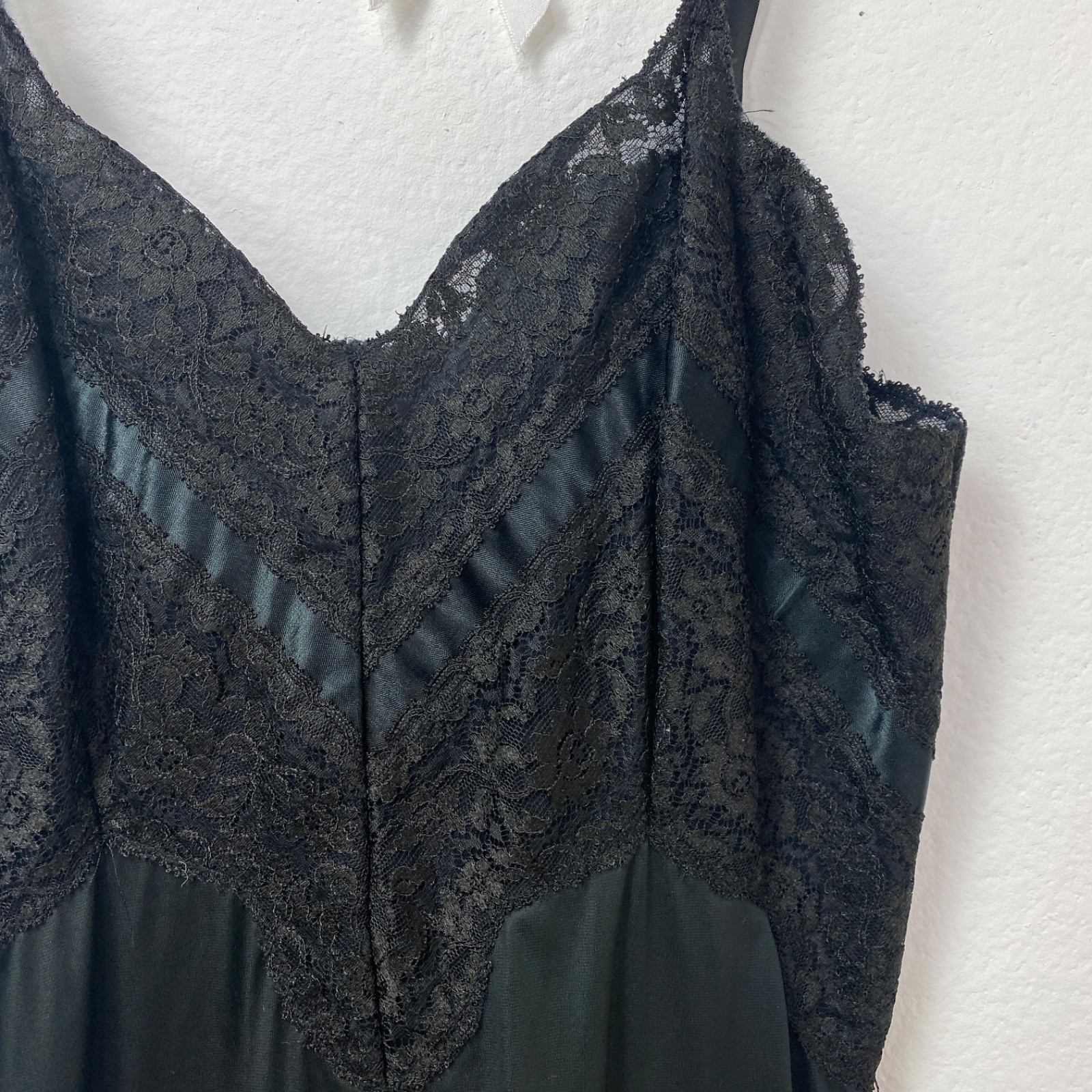 Vintage Charmode Black Full Nylon Tricot Baby Doll Slip Size 32 Lace Below Knee