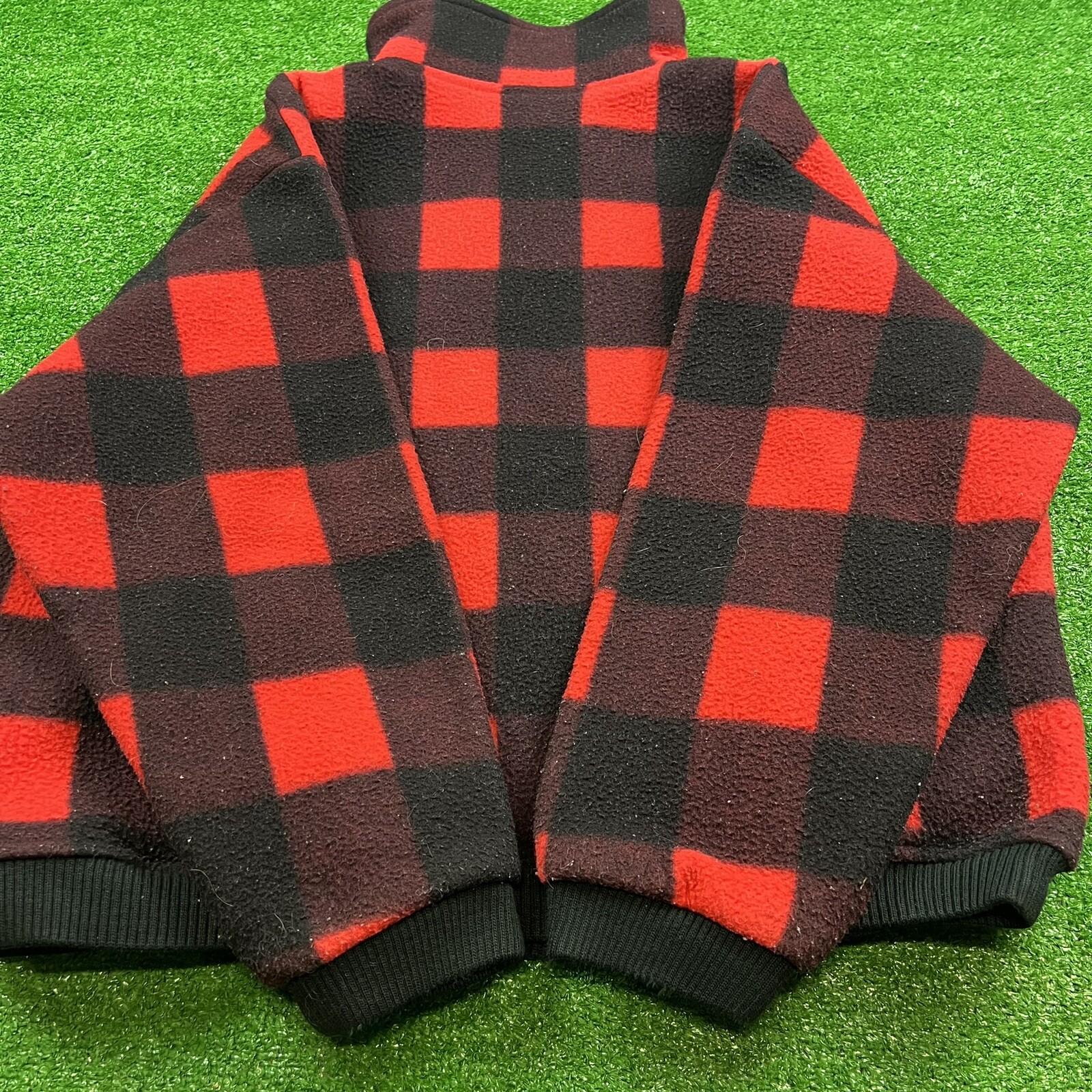 Vtg Women’s XL Buffalo Plaid Red Black Polar Fleece 1/4 Zip Pullover Jacket USA!