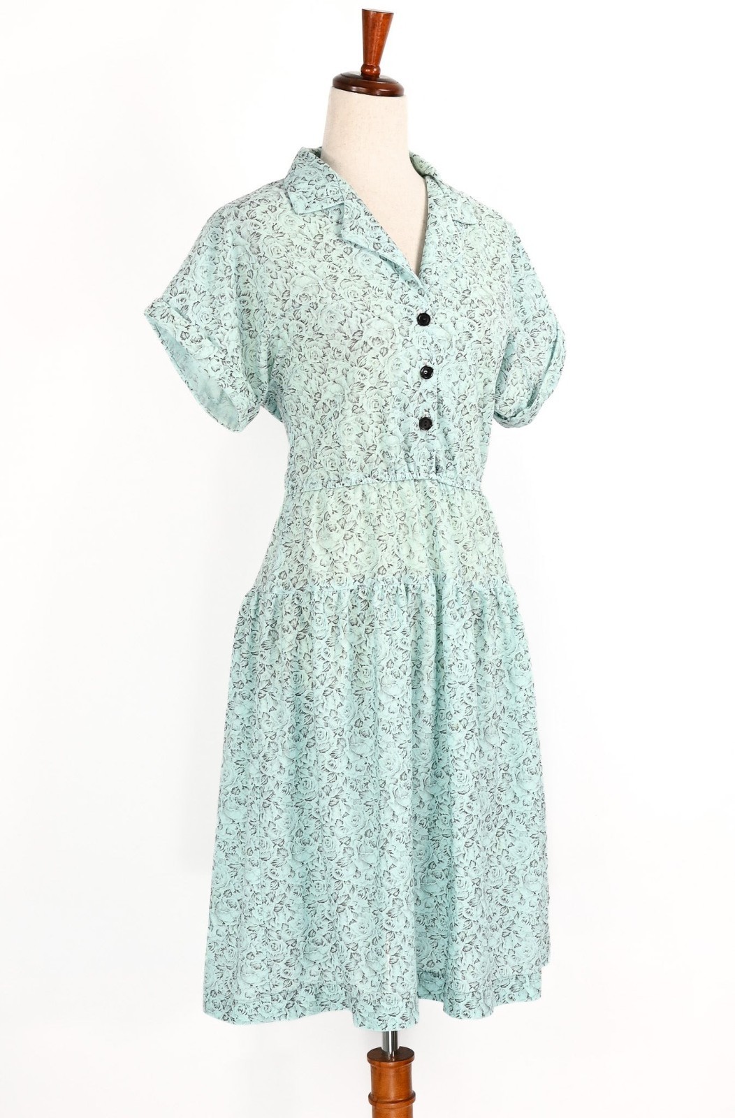Vintage 80s Mint Blue & Grey Floral SALLY LOU Short Sleeve Dress – 12
