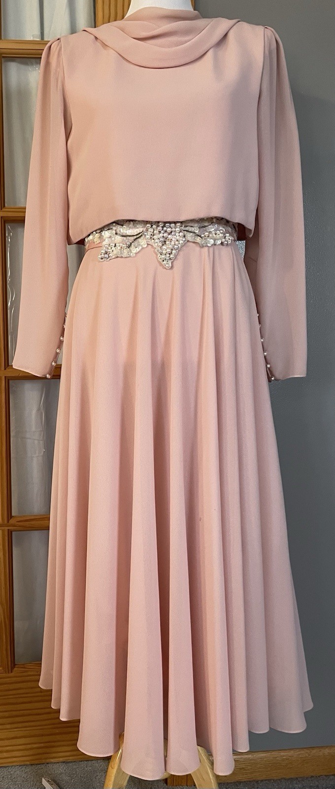 70s Cowl Neck Formal Evening Dress L Embellished Belt Faux Pearl Elegant Classic