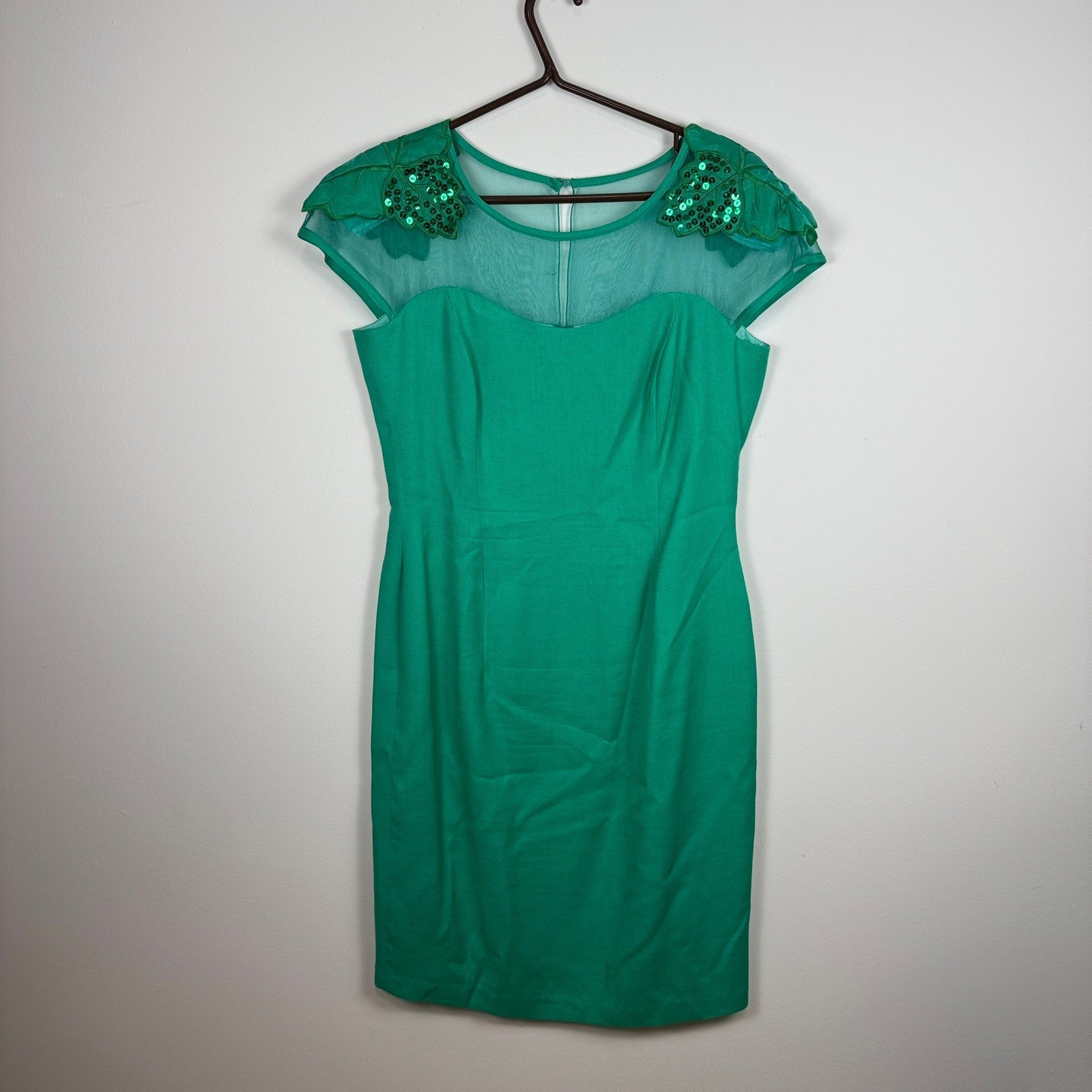 80s Liptons VTG Emerald Green Sequin Leaf Mesh Sheath Dress 12 Made in Canada