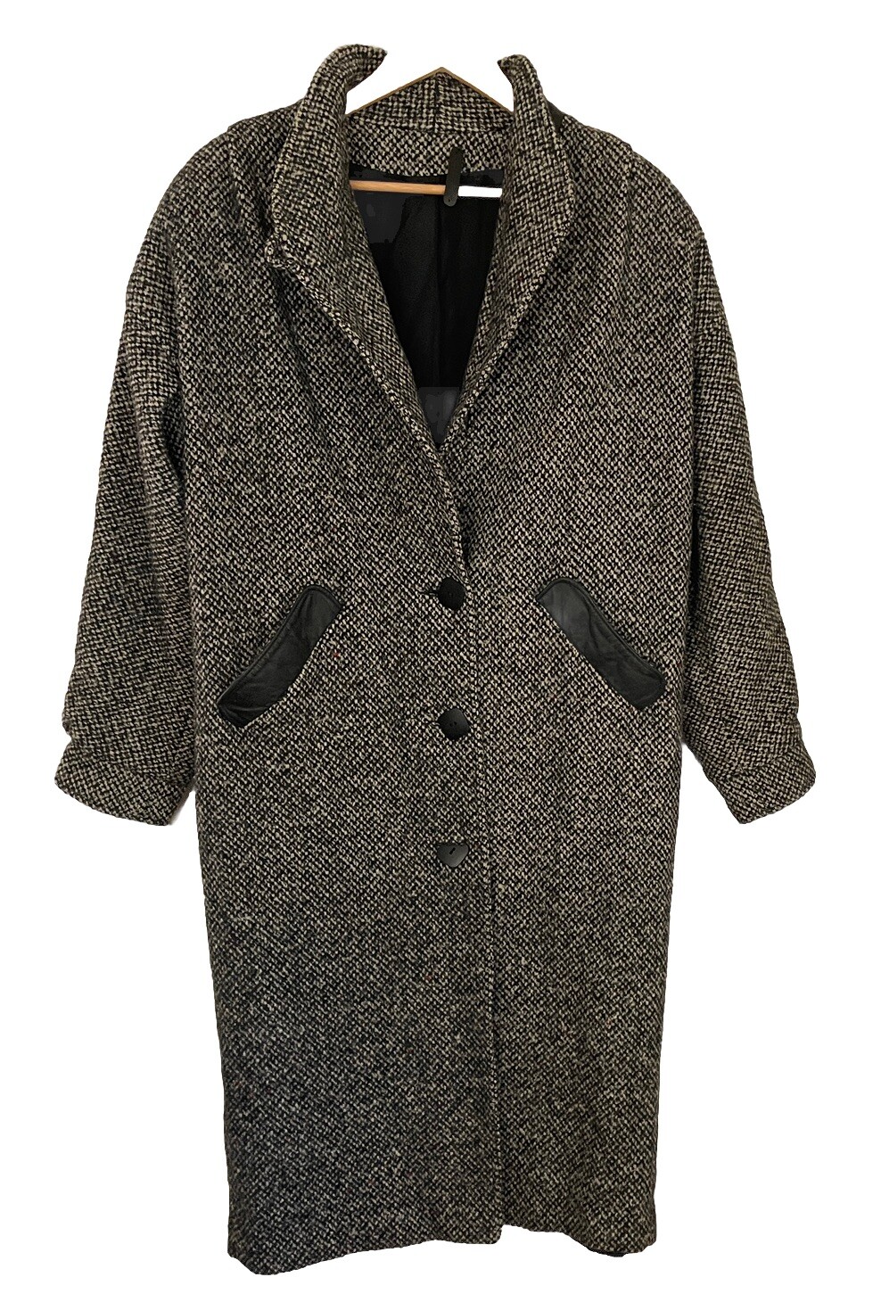 Vtg 80s DONNYBROOK Black White Tweed Long Coat w/Leather Accents Women Sz 12