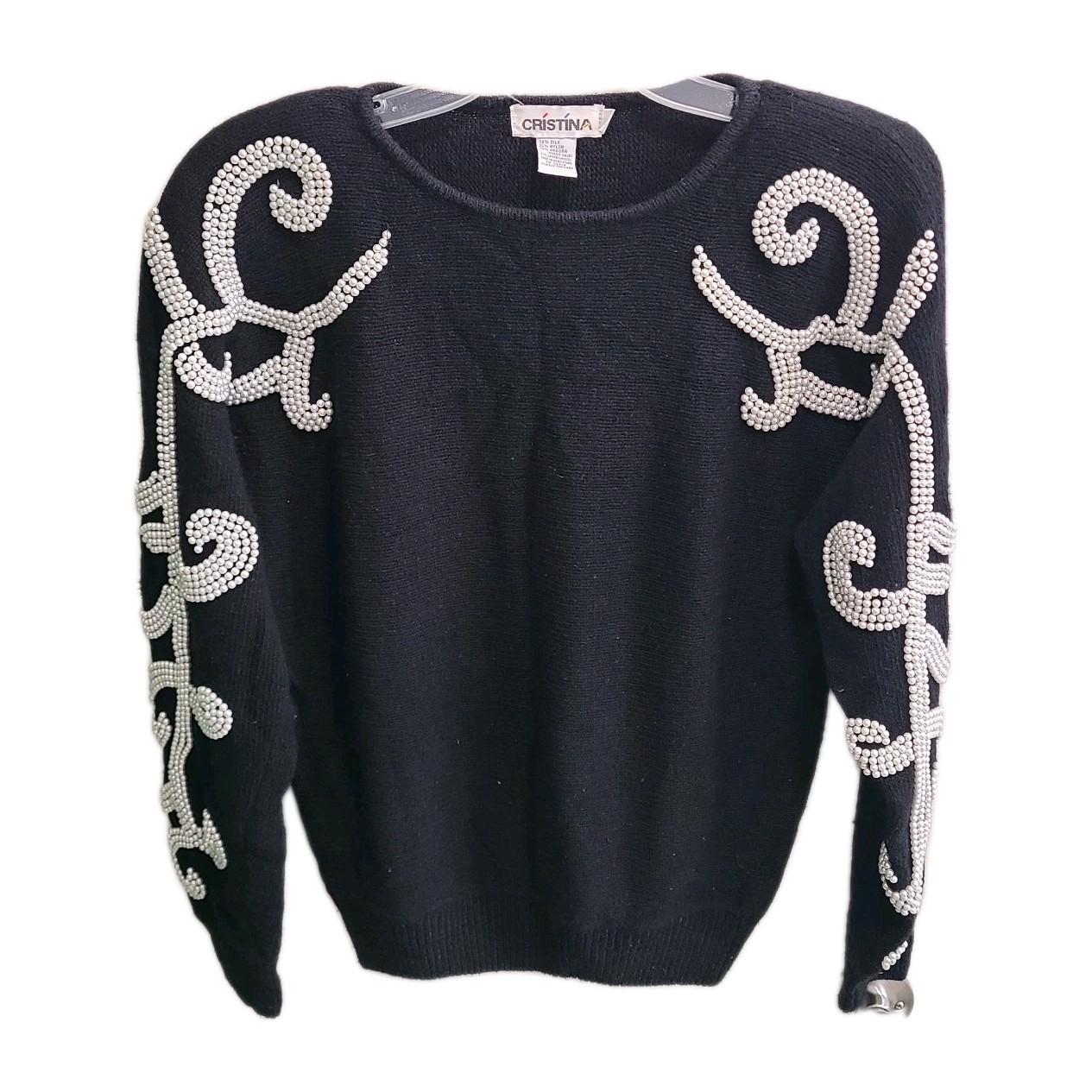 Vtg Cristina Womens Sz M Black Sweater Silk Angora Pearl Beaded Chic Cozy Unique